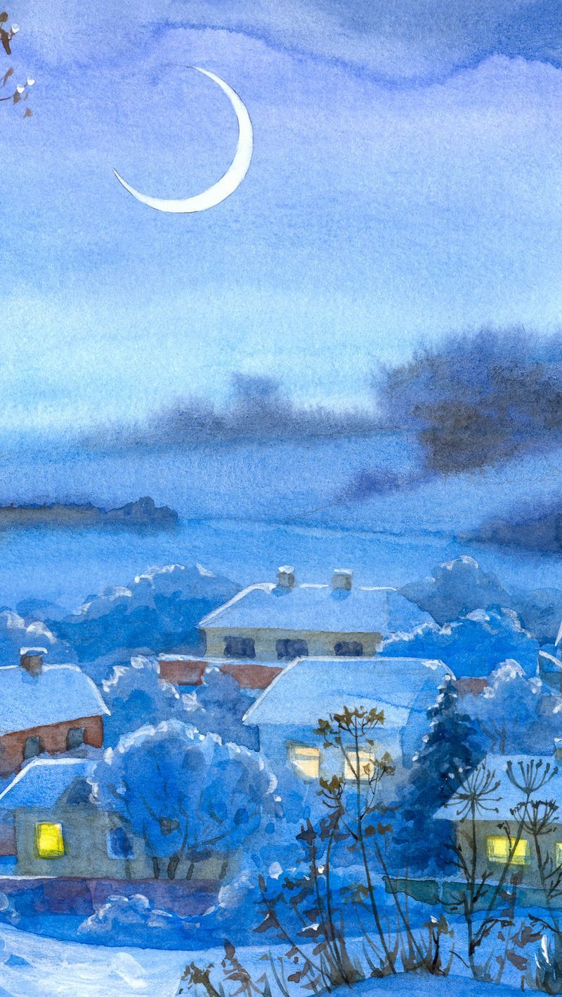 800x1420 Download Wallpaper 800x1420 Painting, Winter, Village, Home, Night, Month, Snow Iphone Se 5s 5c 5 For Parallax HD Background