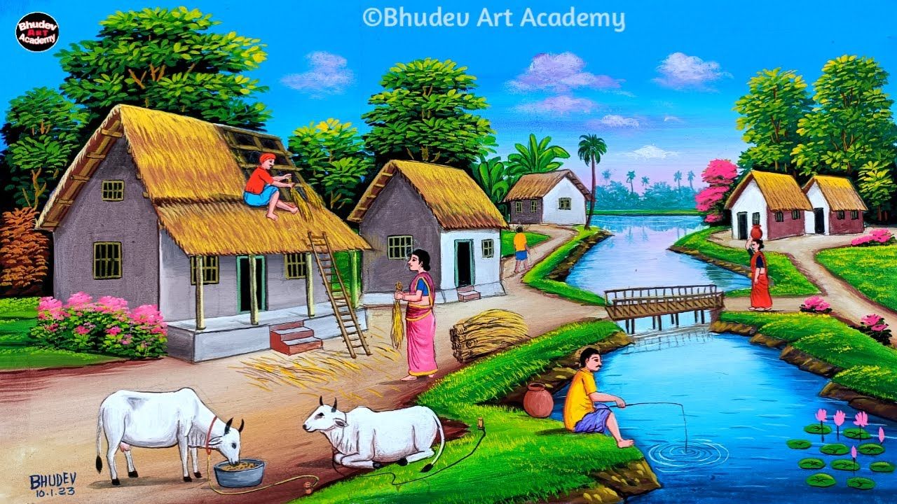 1280x720 Beautiful Village Landscape Scenery Painting. Indian Village Scenery Painting With Earthcolor