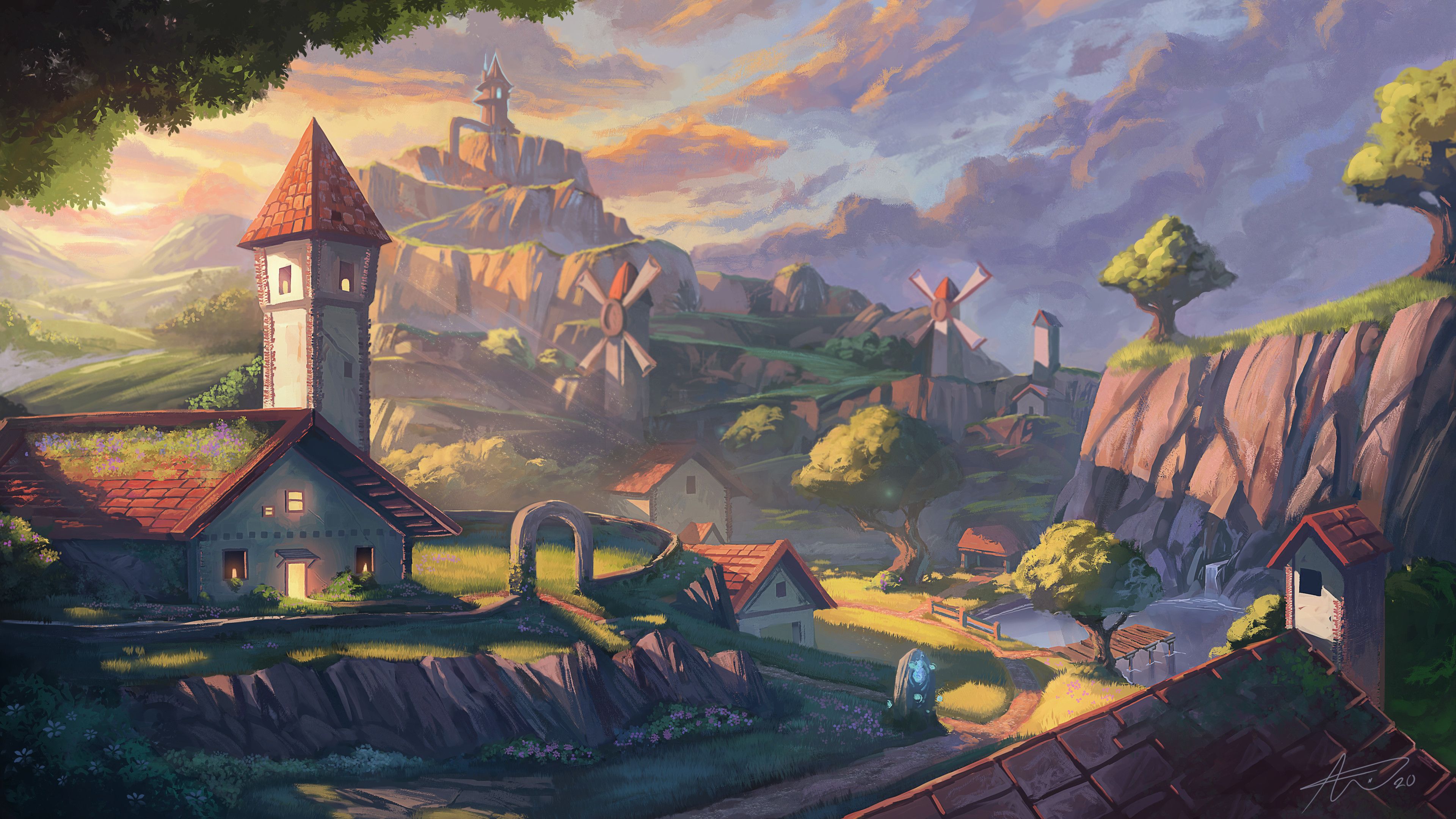 3840x2160 Zelda Breath Of The Wild Village Digital Painting Windmill Wallpaper:3840x2160