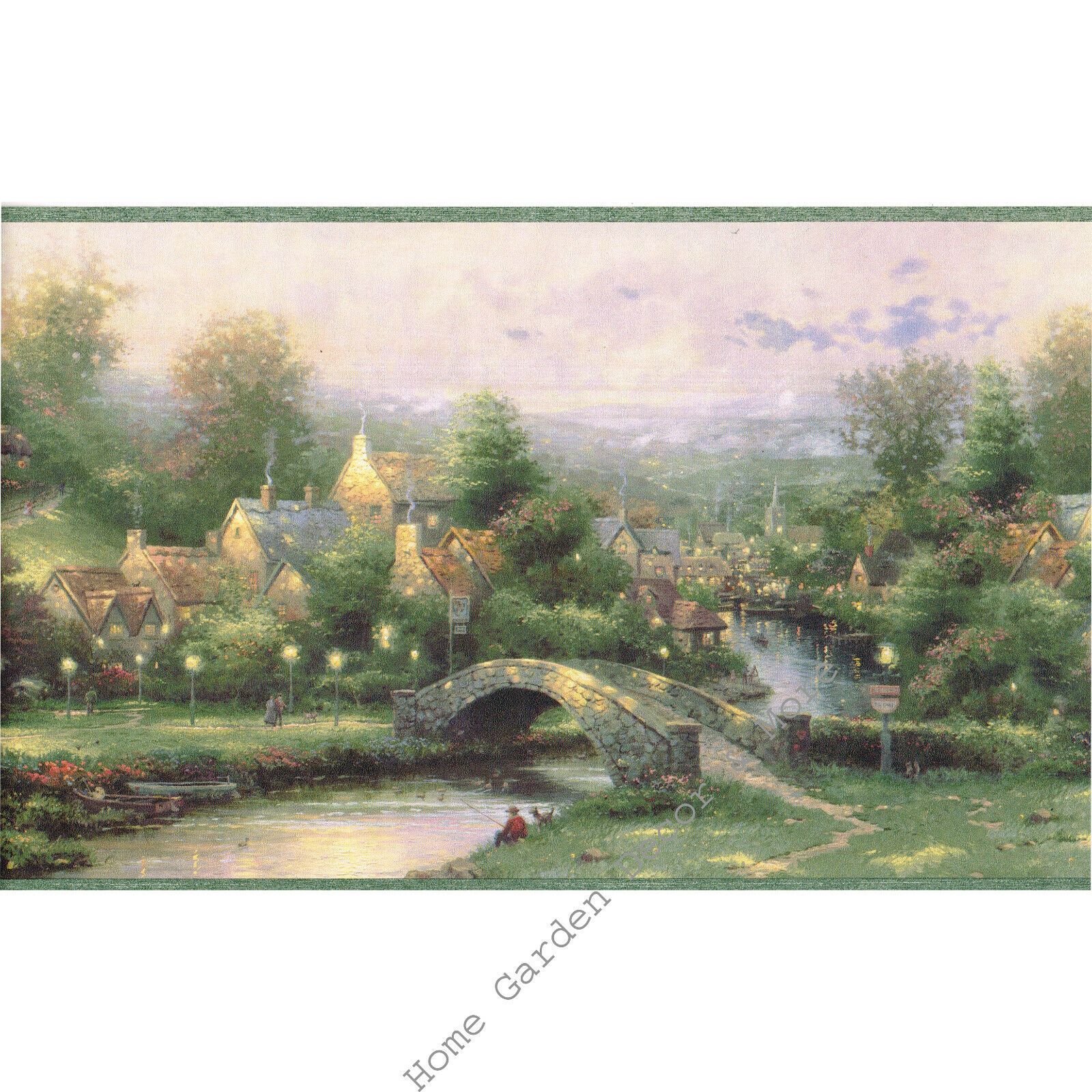 1600x1600 Thomas Kinkade Lamplight Village Cottage Stone Bridge River Wallpaper Border