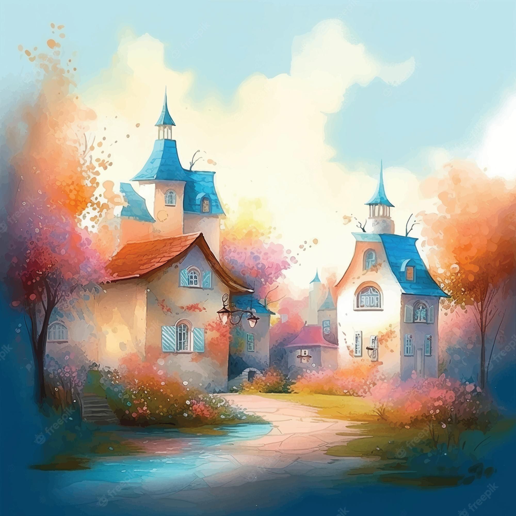 2000x2000 Premium Vector. Beautiful nature with houses wallpaper watercolor paint ilustration