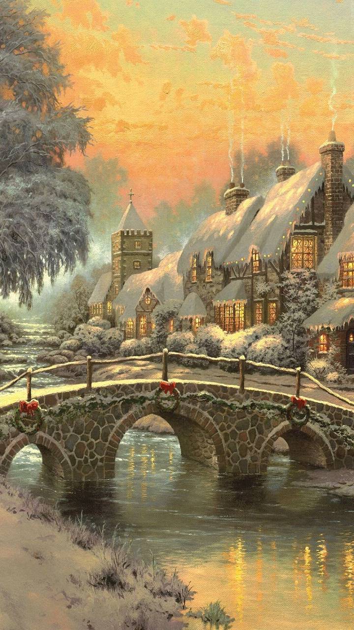 720x1280 Mobile wallpaper: Winter, Village, Painting, Artistic, 1326562 download the picture for free