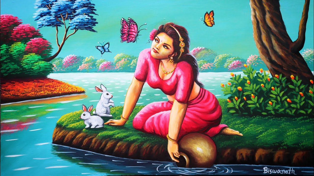 1280x720 Painting of a Beautiful Indian village girl with matka. village nature drawing