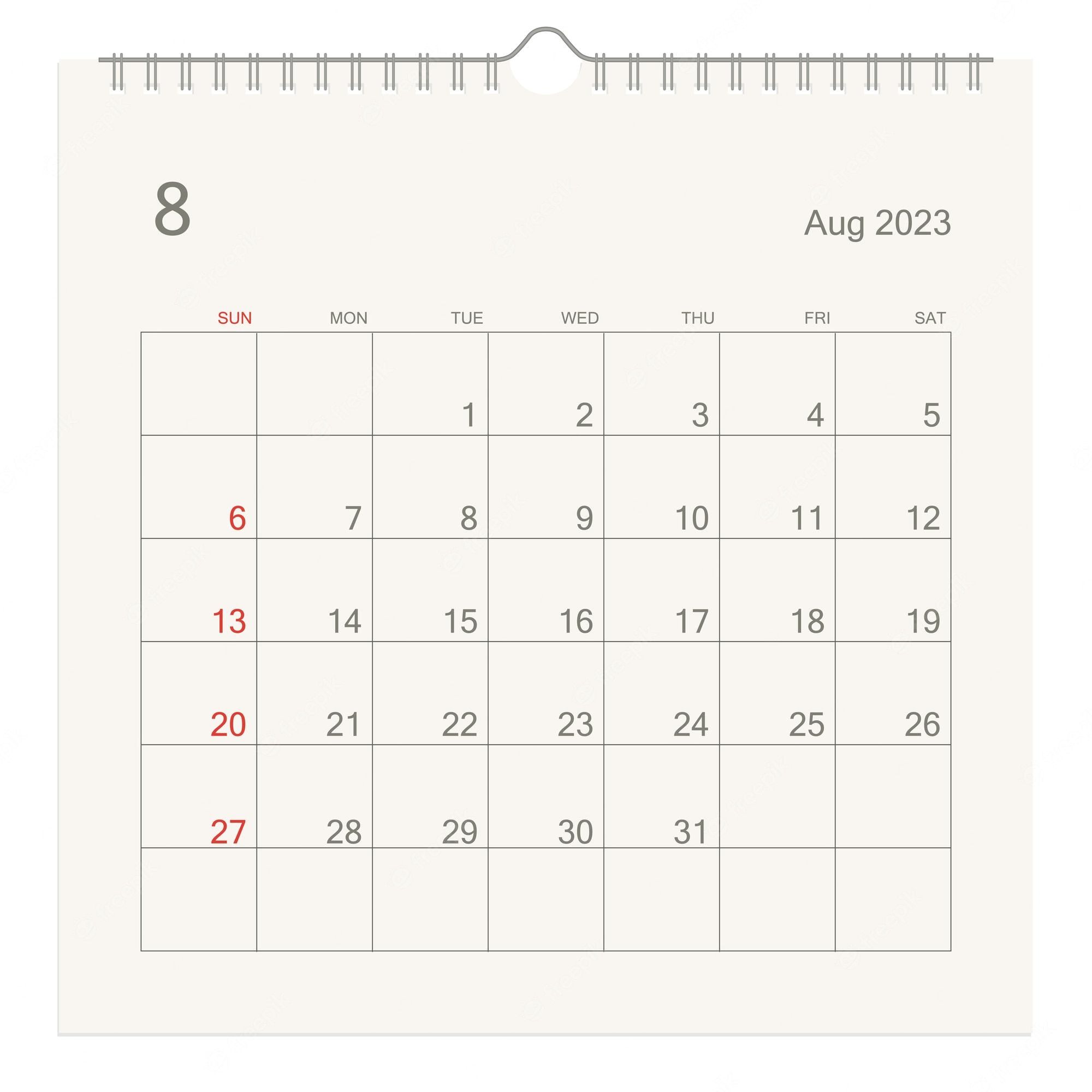 2000x2000 Premium Vector. August 2023 calendar page on white background calendar background for reminder business planning appointment meeting and event week starts from sunday vector