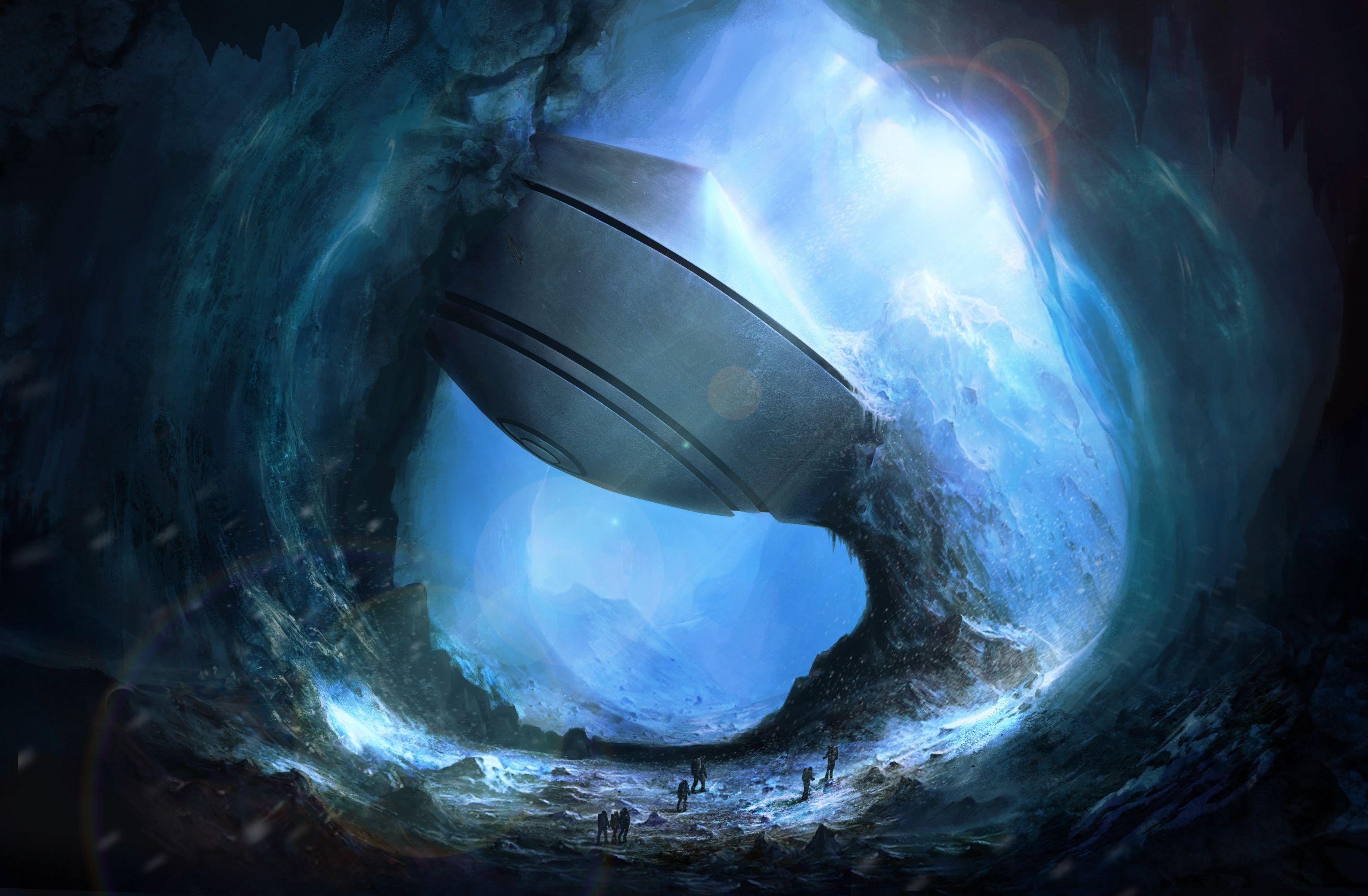 3053x2000 Wallpaper UFO, Cave, Cliff, Mountain, Snow, HD, Creative Graphics