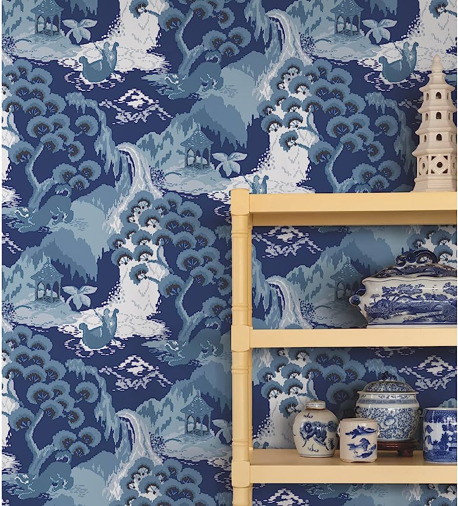 894x987 York Wallcoverings Madcap Cottage PSW1403RL Navy Blue Old Peking Peel & Stick Wallpaper