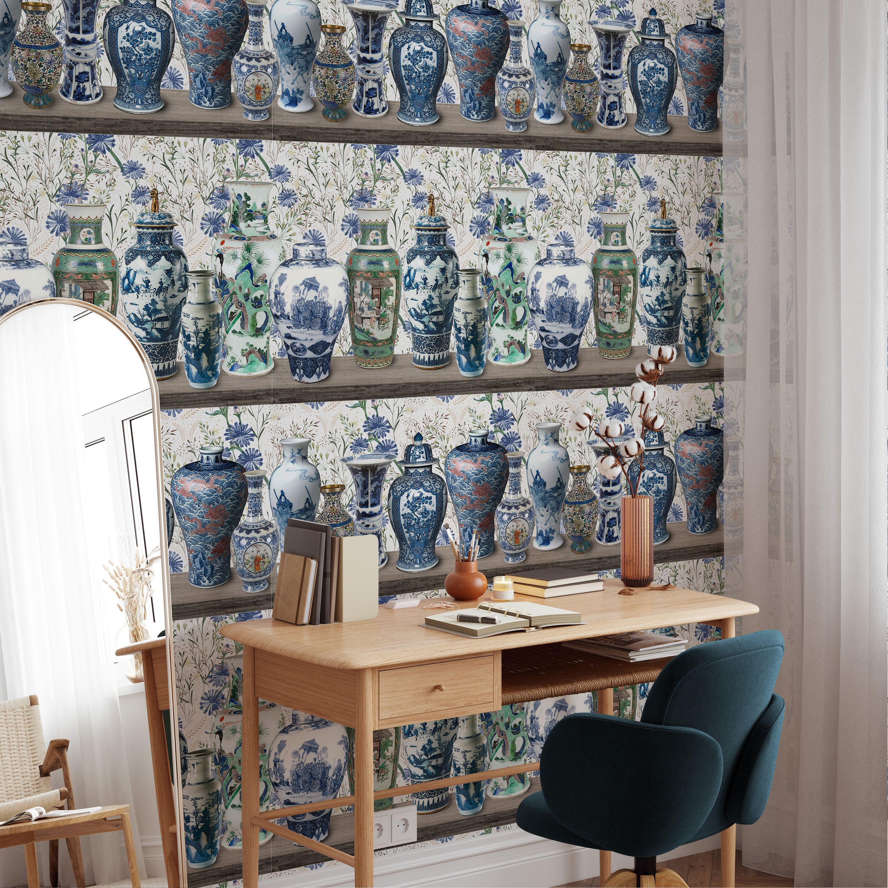 3000x3000 Chinoiserie Wallpaper With Ming Vases Blue and White Vintage