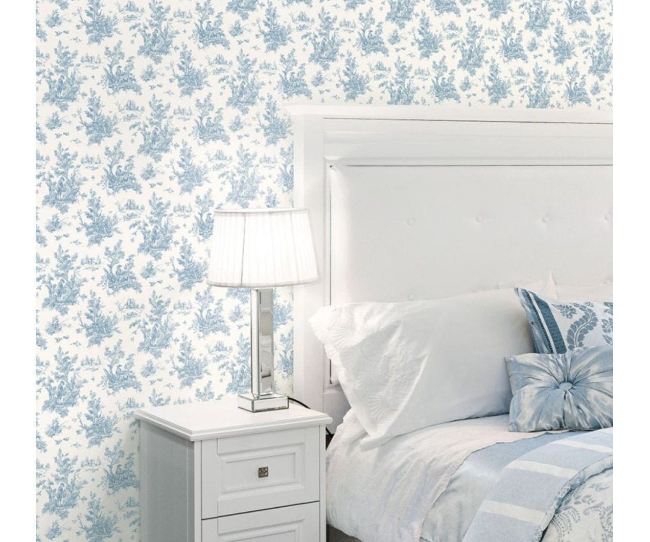 1272x1060 Pale Blue White Colonial Harvest Toile Wallpaper French