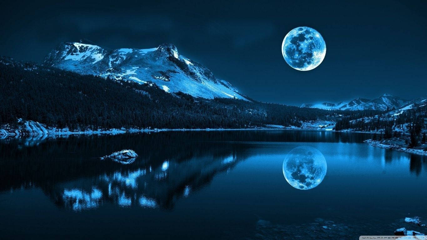 1366x768 Download Serene Aesthetic of a Blue Lake with a Full Moon Wallpaper