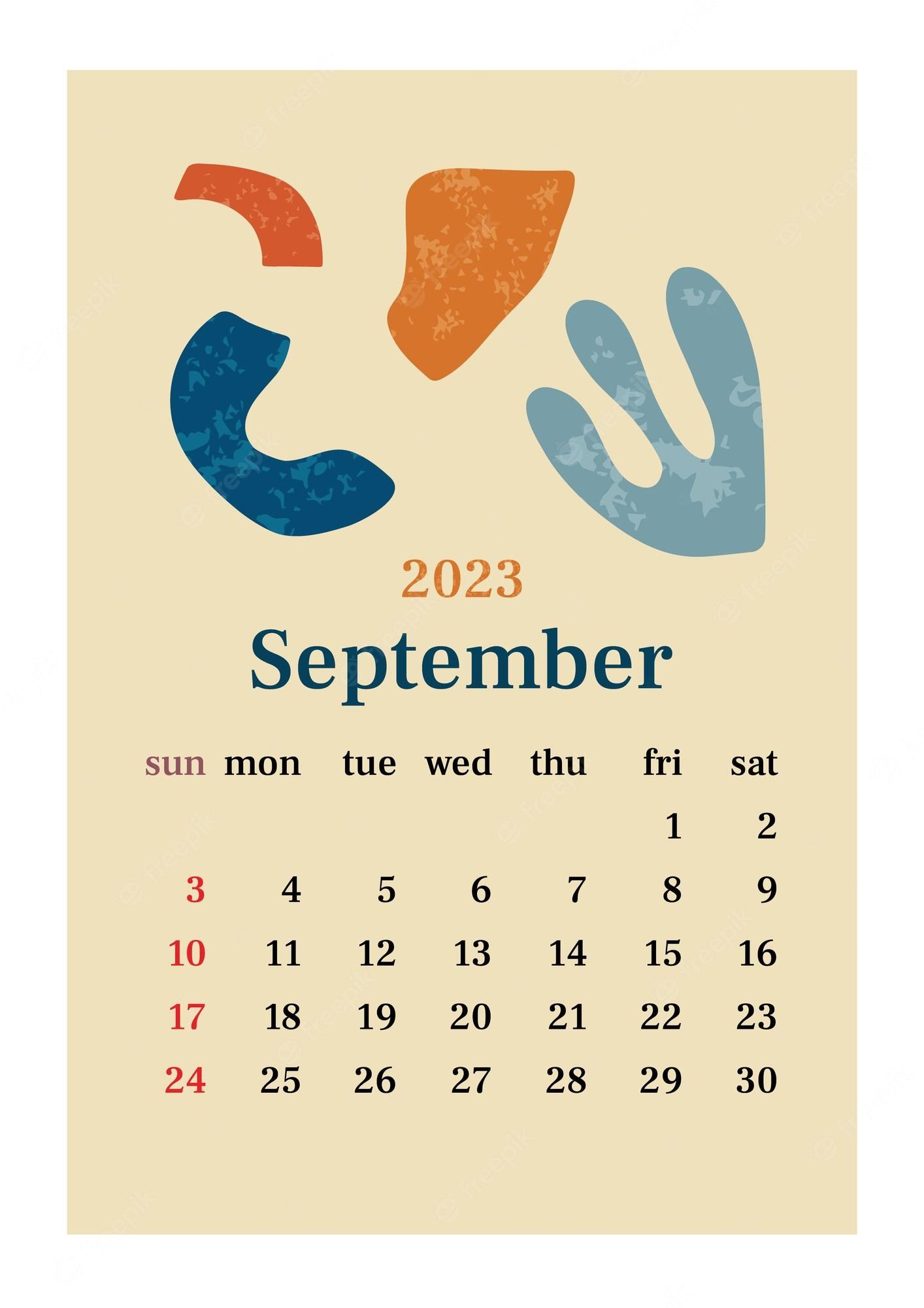 1414x2000 Premium Vector. The page with the month september 2023 with abstract organic shapes in muted tones vertical poster in aesthetic style in pastel colors vector illustration design
