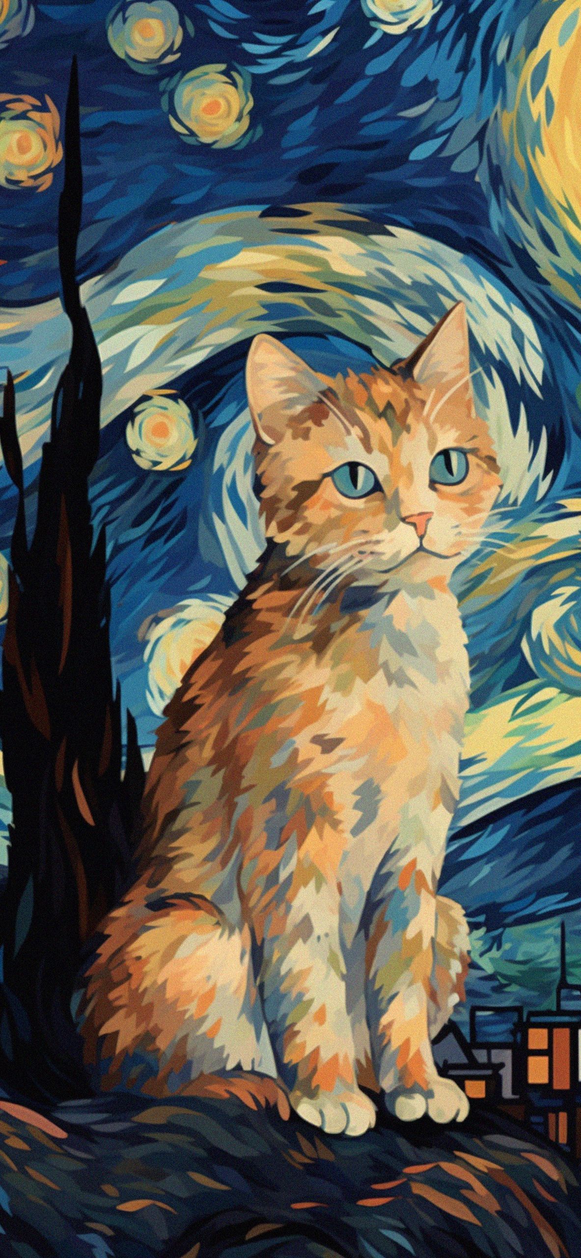 1183x2560 Brown Cat in Van Gogh Style Wallpaper Wallpaper IPhone