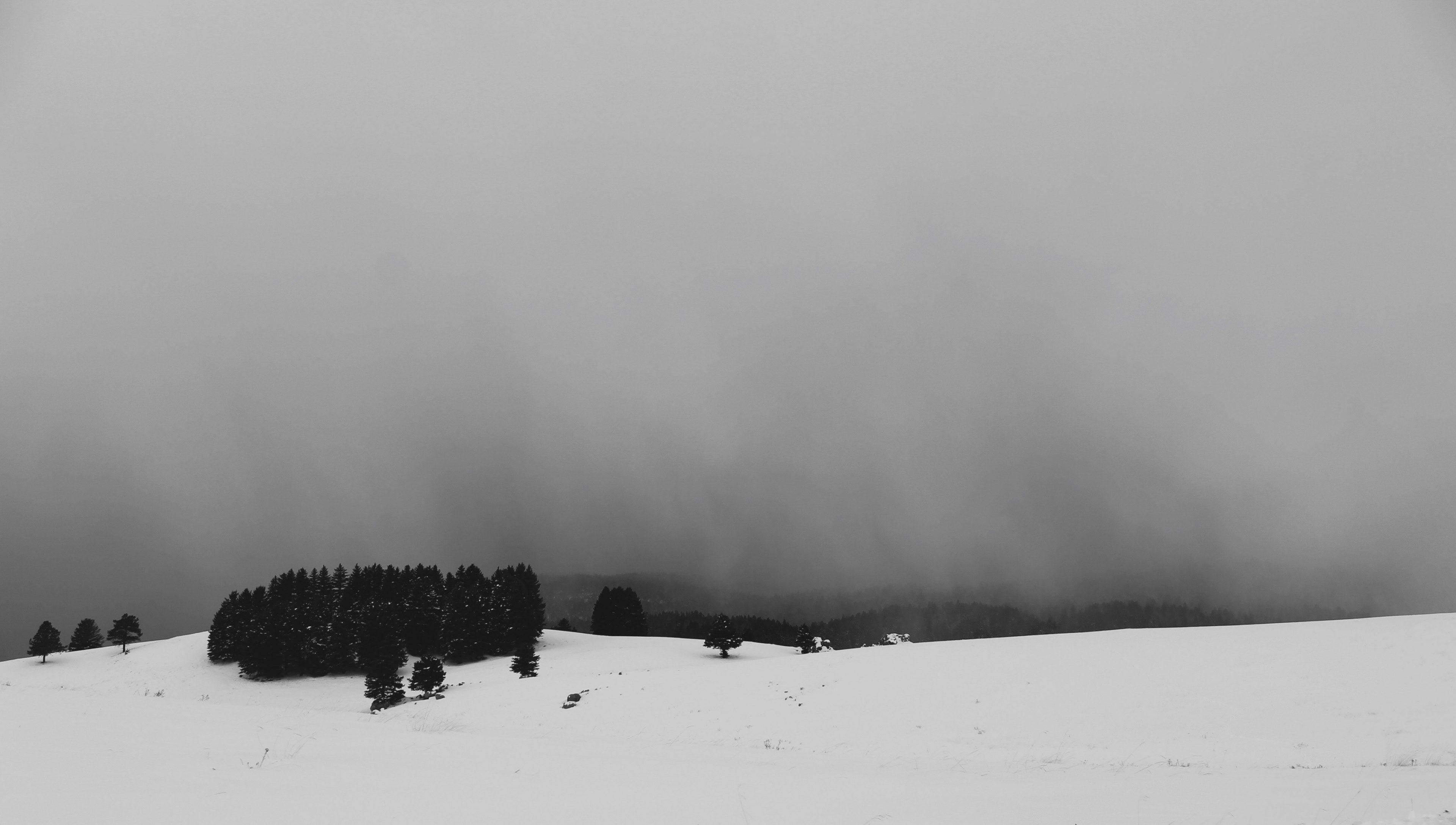3840x2177 mới chụp ảnh đen trắng về núi và cánh đồng tuyết phủ