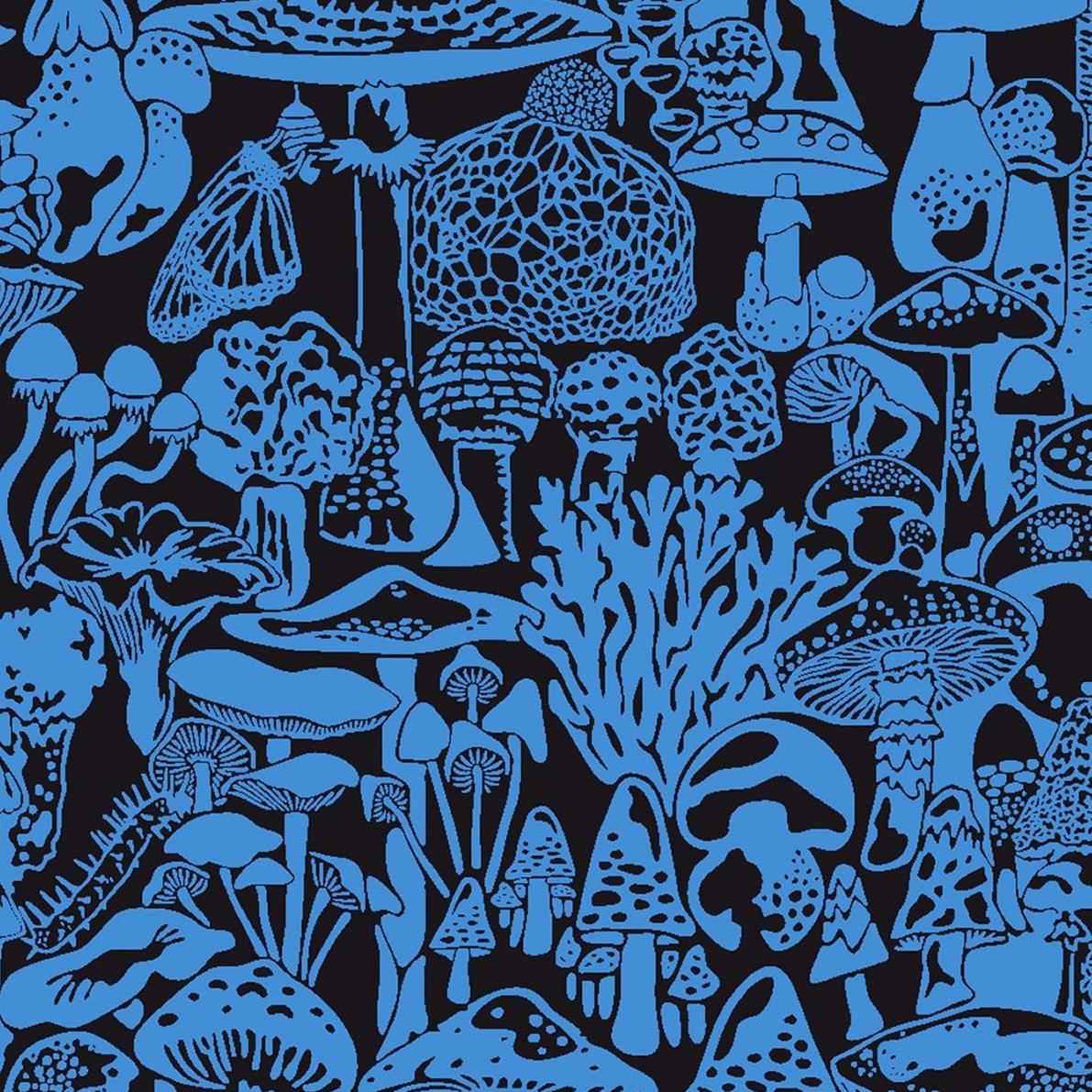1191x1191 Mushroom City Designer Wallpaper in Asteroid 'Cobalt and Black' at 1stDibs. mushroom wallpaper, designer wall paper, black mushroom wallpaper