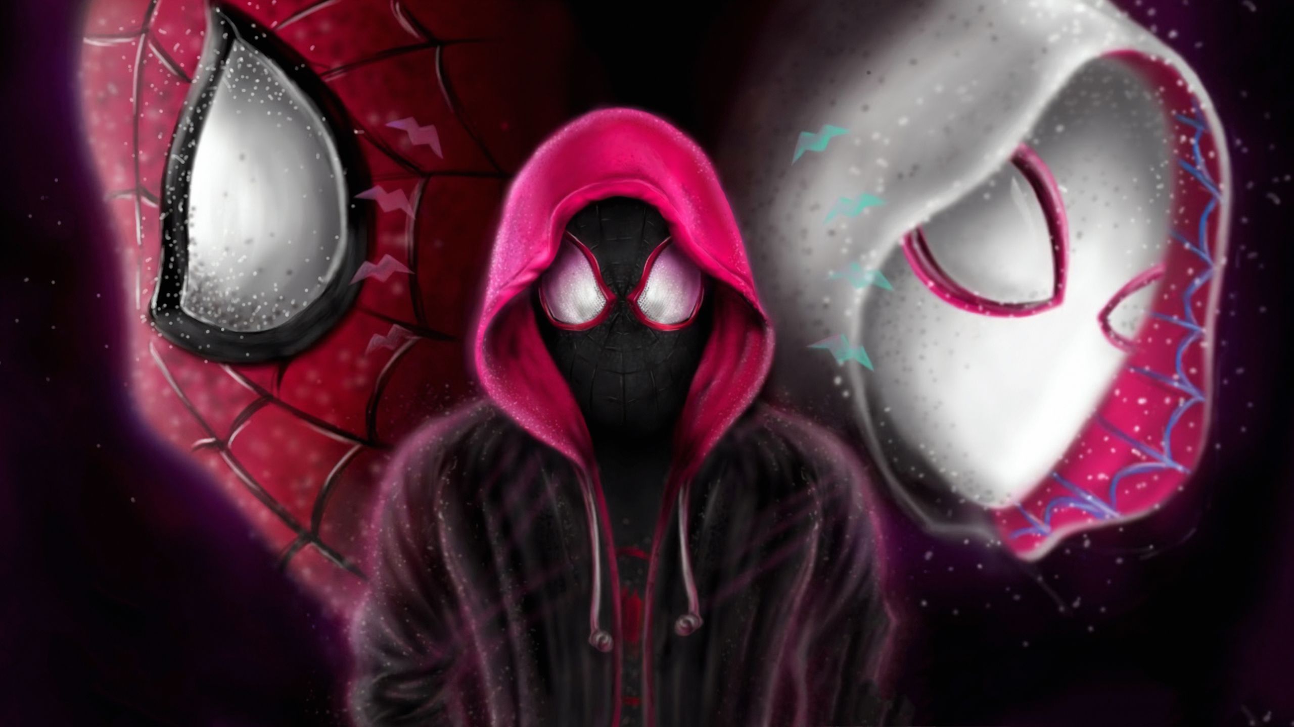 2560x1440 Fictional, Fictional Character, Peter Parker, Miles Morales, Gwen Stacy, Digital Art, Artwork, Marvel Comics, Comics, Drawing, Digital Painting, Spider Man, Spider Gwen, Hoods, Fan Art, Movie Characters, Spider Man: Into The Spider Verse, Superhero