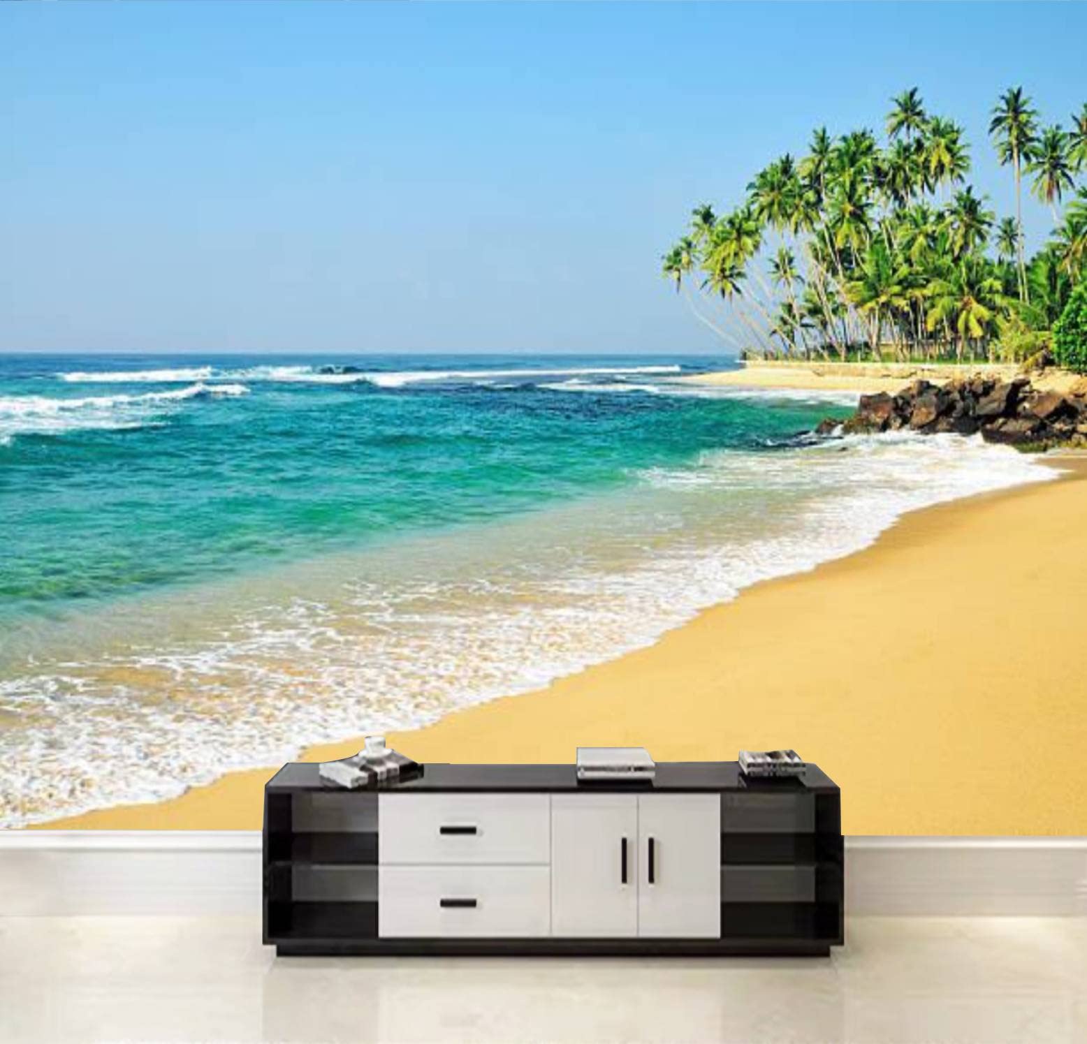 1556x1495 Canvas Print Wallpaper Idyllic Sandy Beach with Palm Trees Dalawella Unawatuna Sri Lanka Self Adhesive Peel & Stick Wallpaper Remover Large Wall Mural Decal Sticker Home Decor for Living Room