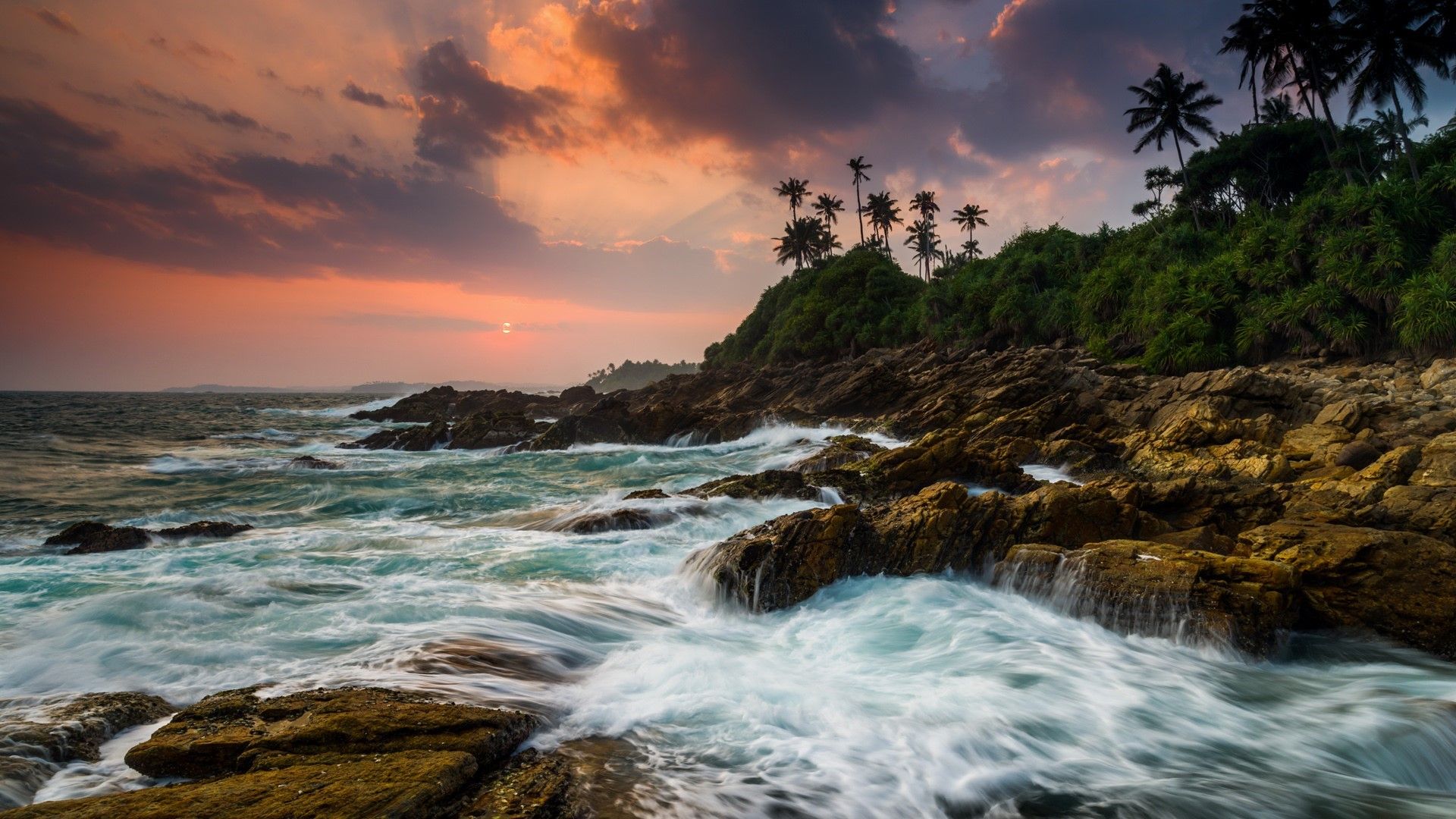 1920x1080 rocks, Sun, water, sunset, forest, trees, sky, horizon, Indian Ocean, moss, landscape, nature, sea, clouds, Sri Lanka, long exposure, Tangalle Gallery HD Wallpaper