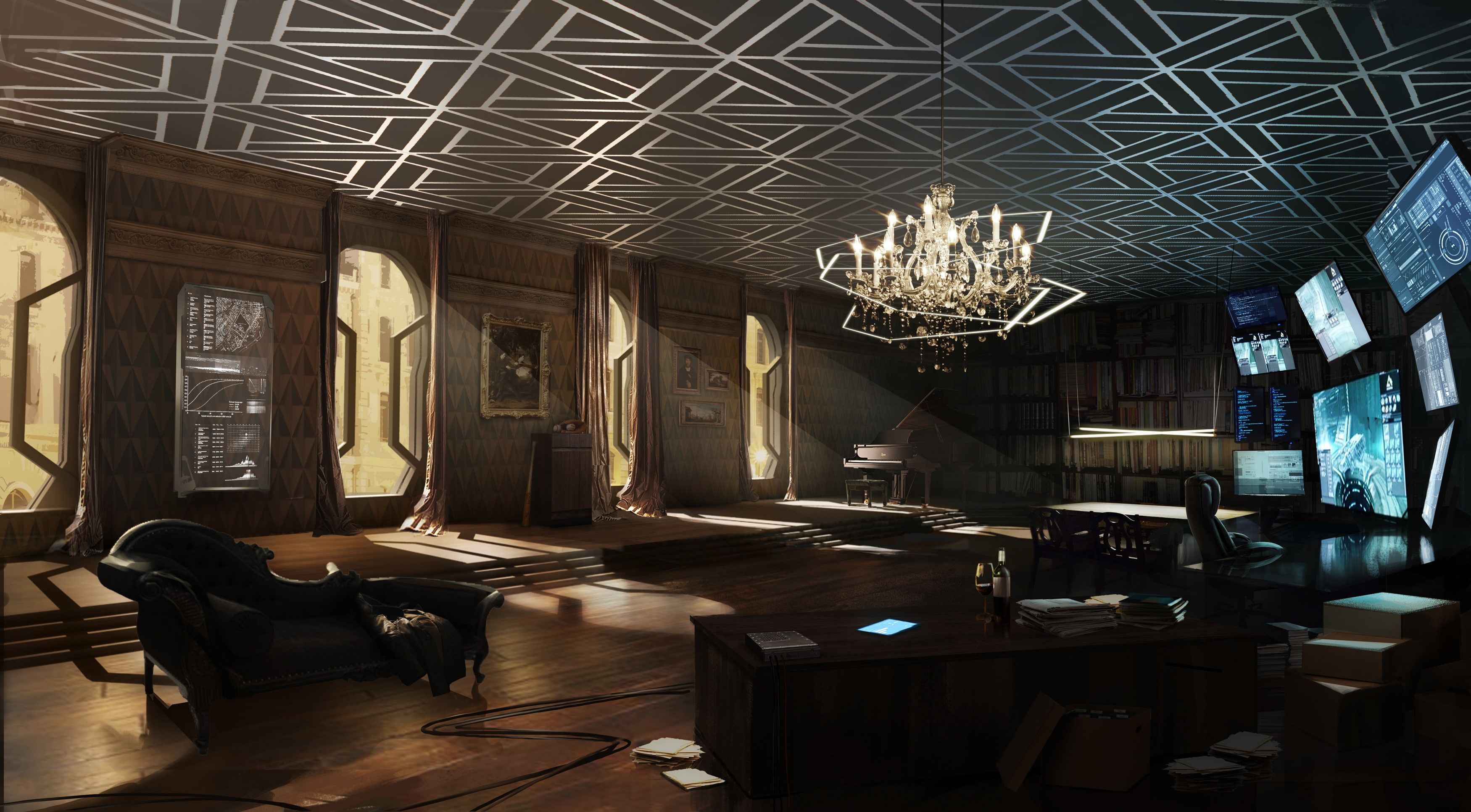 3500x1932 Wallpaper / room, cyberpunk, apartment, silver, mankind divided, uplight, deus ex, Deus Ex: Mankind Divided, 2K, chandelier free download