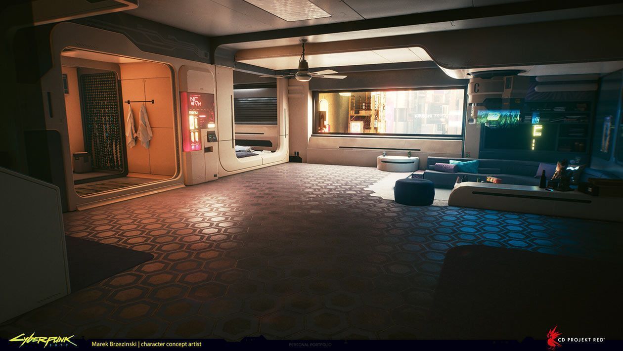 1260x710 V's Apartment Full Art from Cyberpunk 2077. Cyberpunk apartment, Cyberpunk interior, Cyberpunk 2077