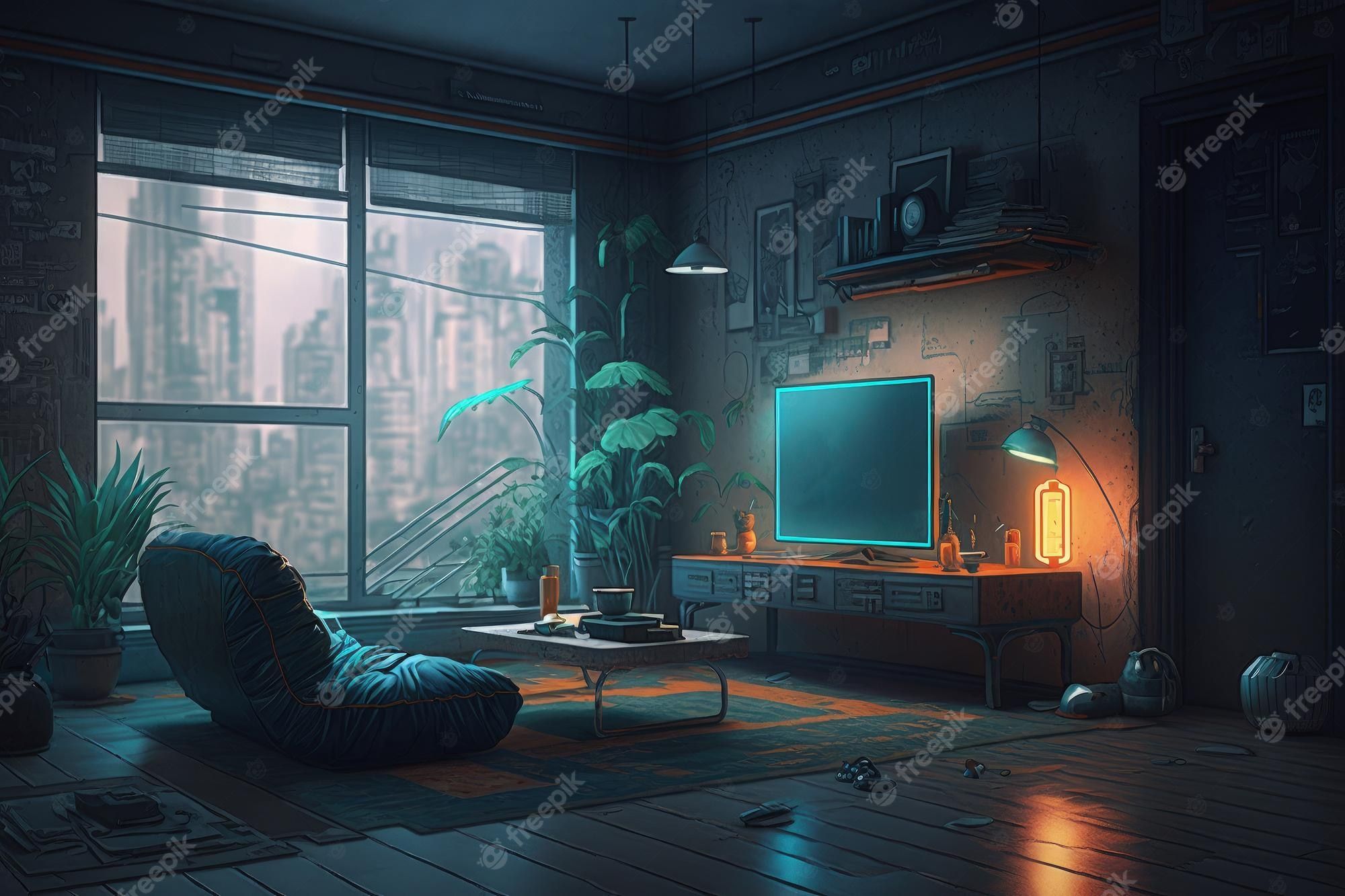 2000x1333 Premium Photo. Conceptual illustration of a cyberpunk styled apartments living room