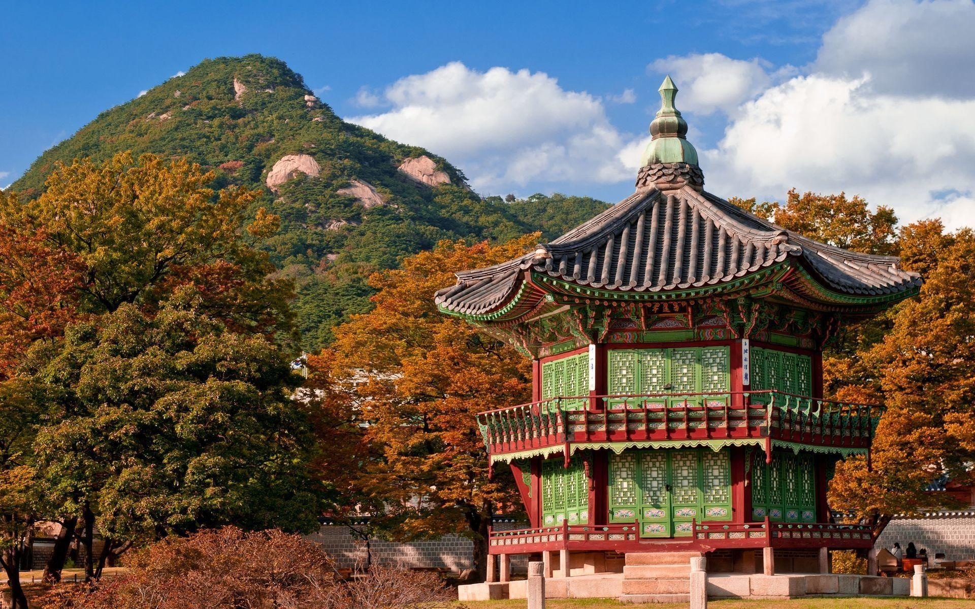 1920x1200 Wallpaper Travel to South Korea, pagoda, house, mountain, trees
