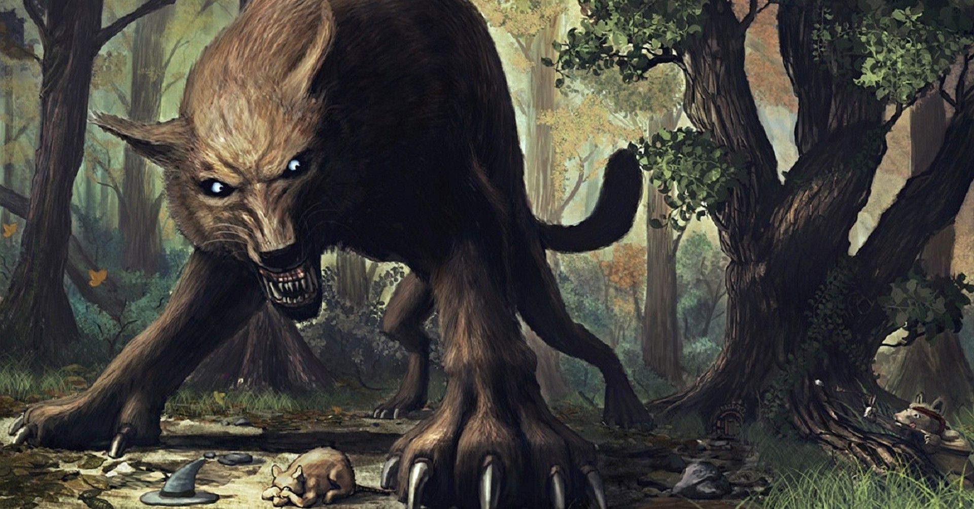 1920x1004 forest fantasy art creatures wolves scary forest mini hat Gallery HD Wallpaper