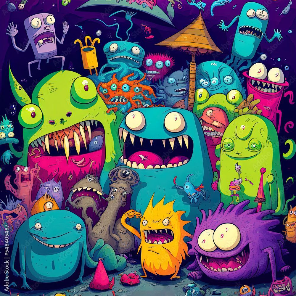 1000x1000 Colorful And Creepy Creatures Illustration Background Stock Illustration