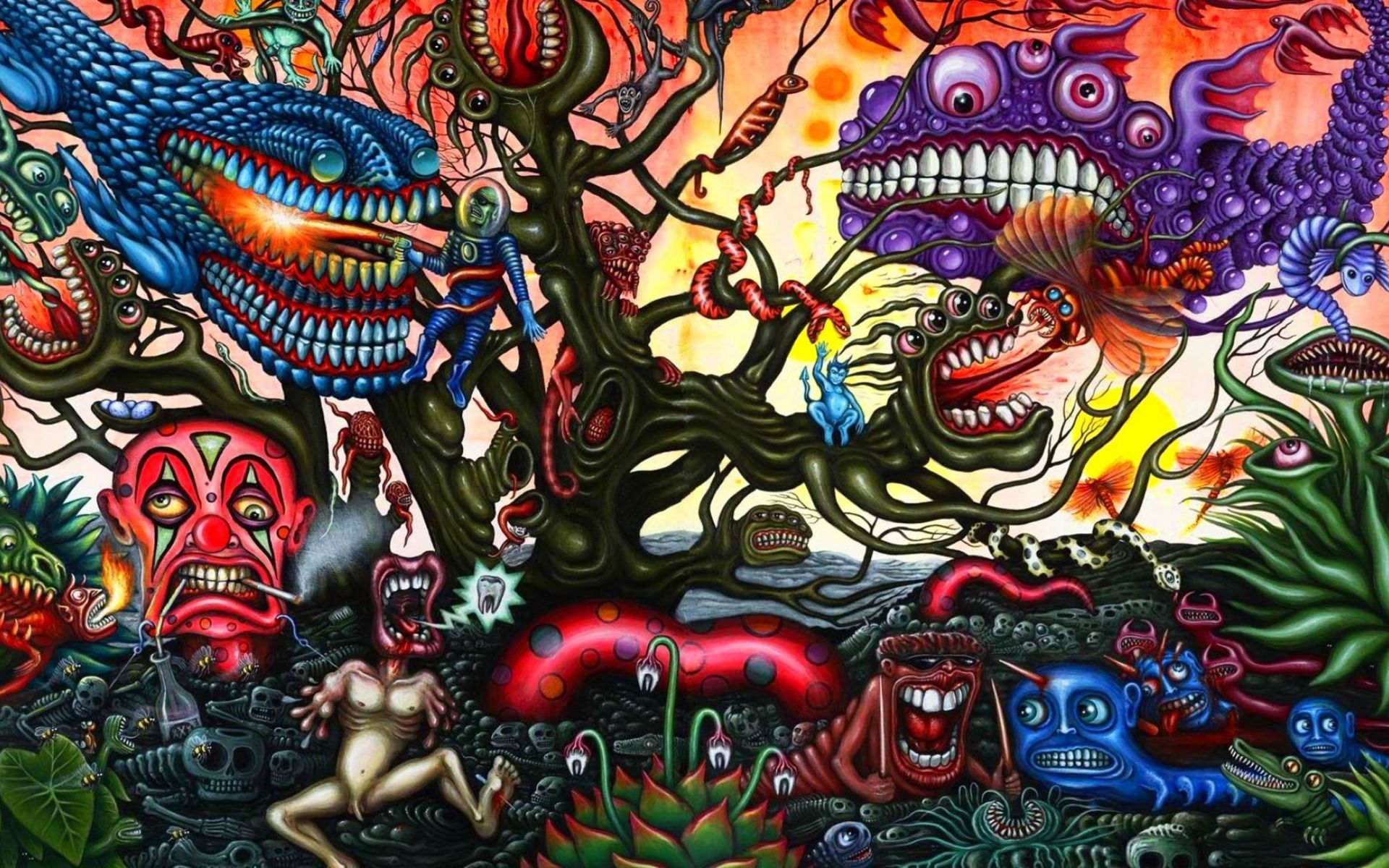 1920x1200 Download wallpaper astronaut, dark, monsters, creatures, fantasy, evil, psychedelic, creepy, nightmare, toothy, dream, psy art, other worlds, smoking head, section fantasy in resolution 1920x1200