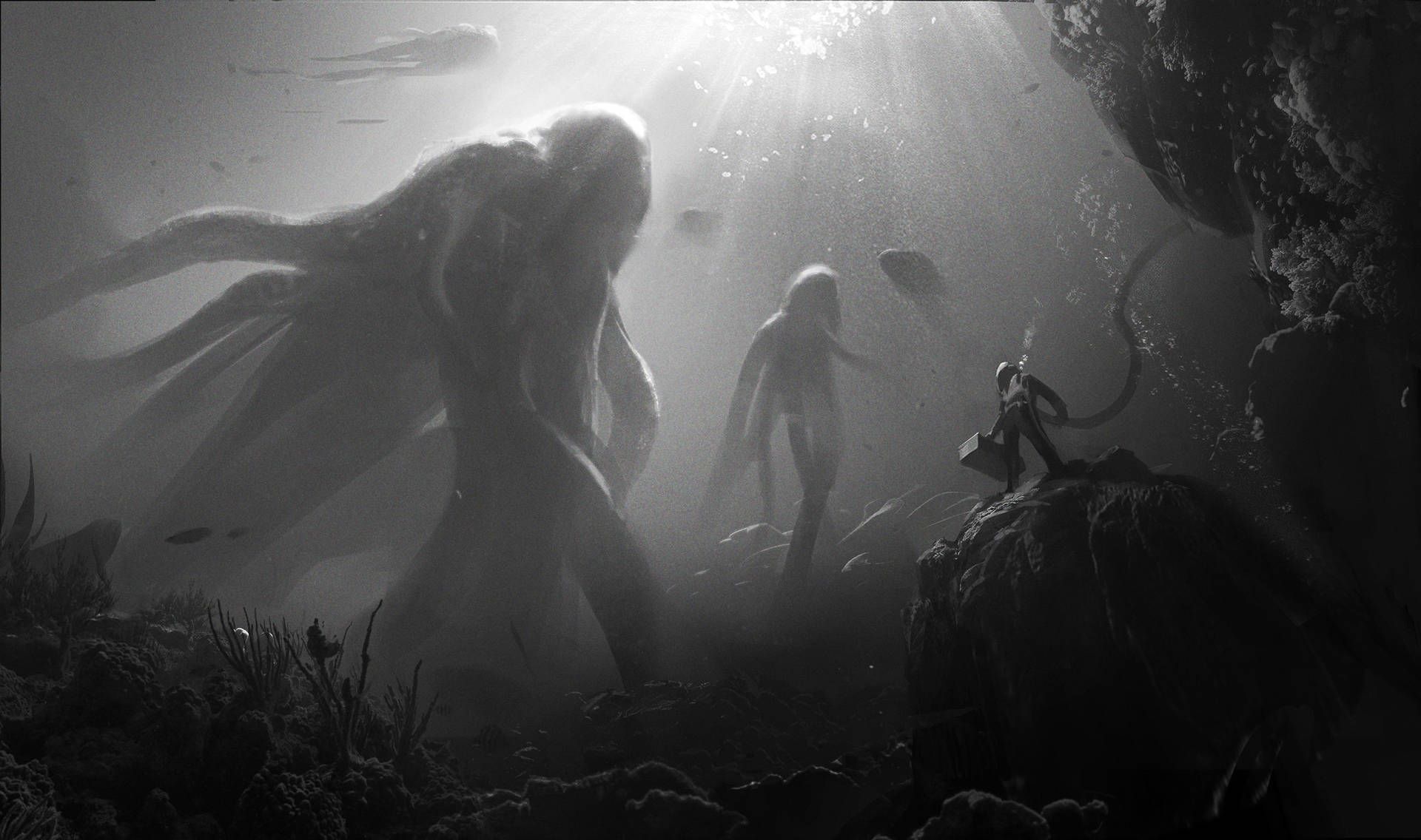 1920x1136 Download Creepy Black Underwater Mythical Creatures Wallpaper