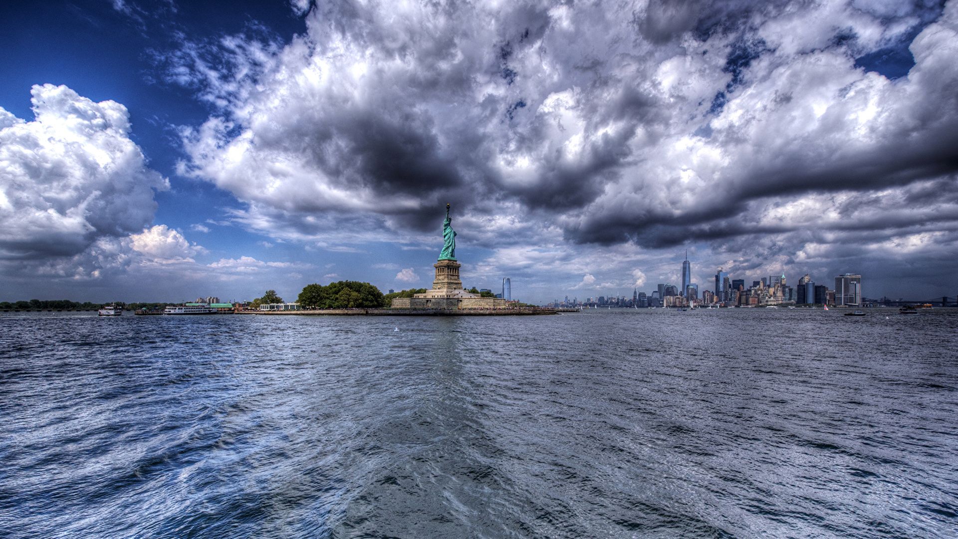 1920x1080 Picture Statue of Liberty New York City USA HDRI Houses 1920x1080