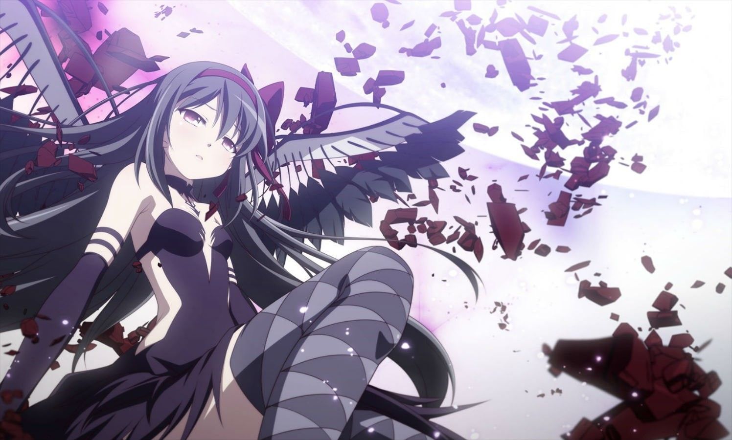 1496x900 Wallpaper / wings, long, 720P, shoujo, hair, dress, black, headband, thighhighs, madoka, akemi, feathers, mahou, bell, izumi, homura, magica free download