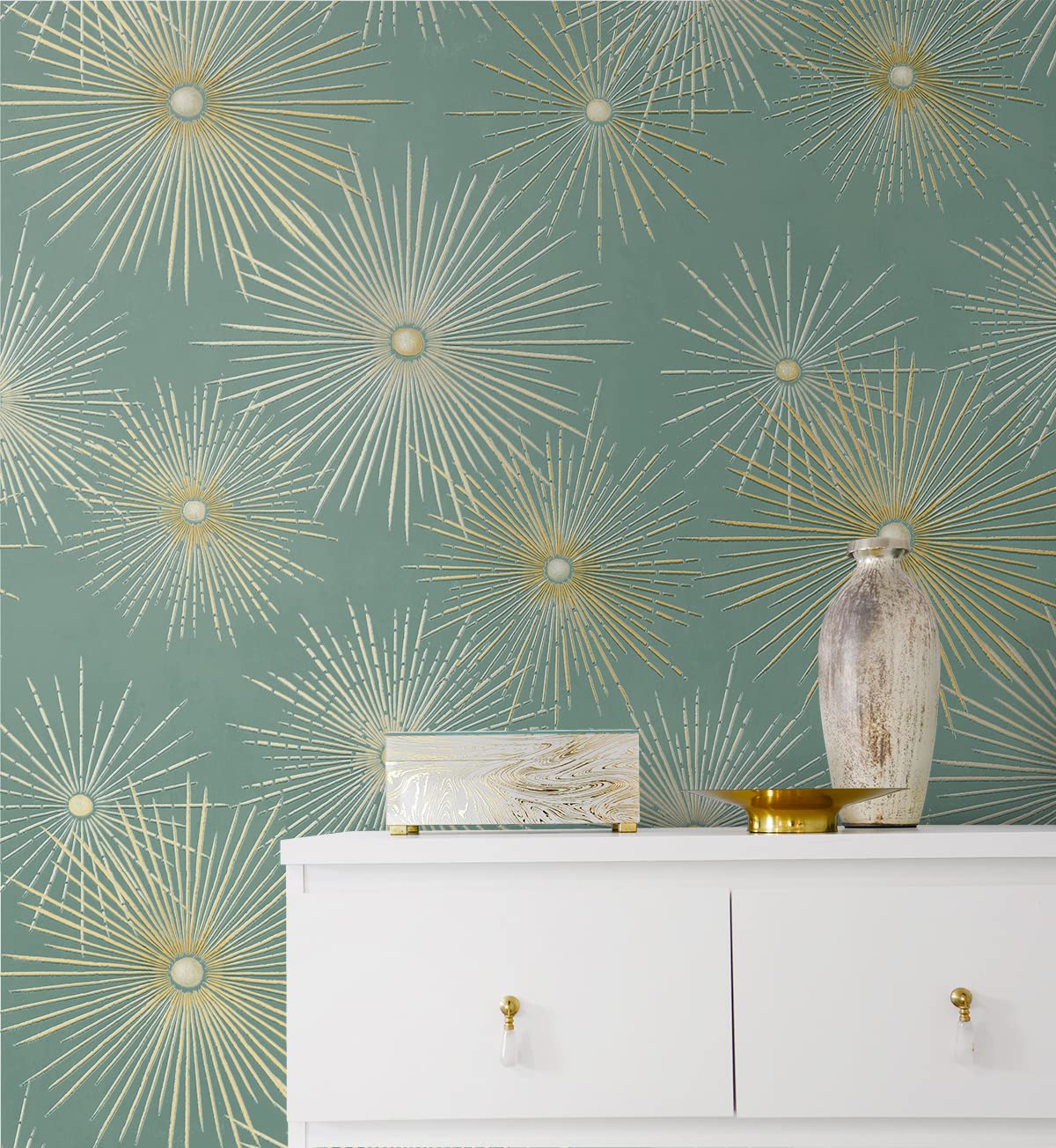 1200x1304 NextWall Starburst Geo Mid Century Peel and Stick Wallpaper (Teal & Metallic Gold)