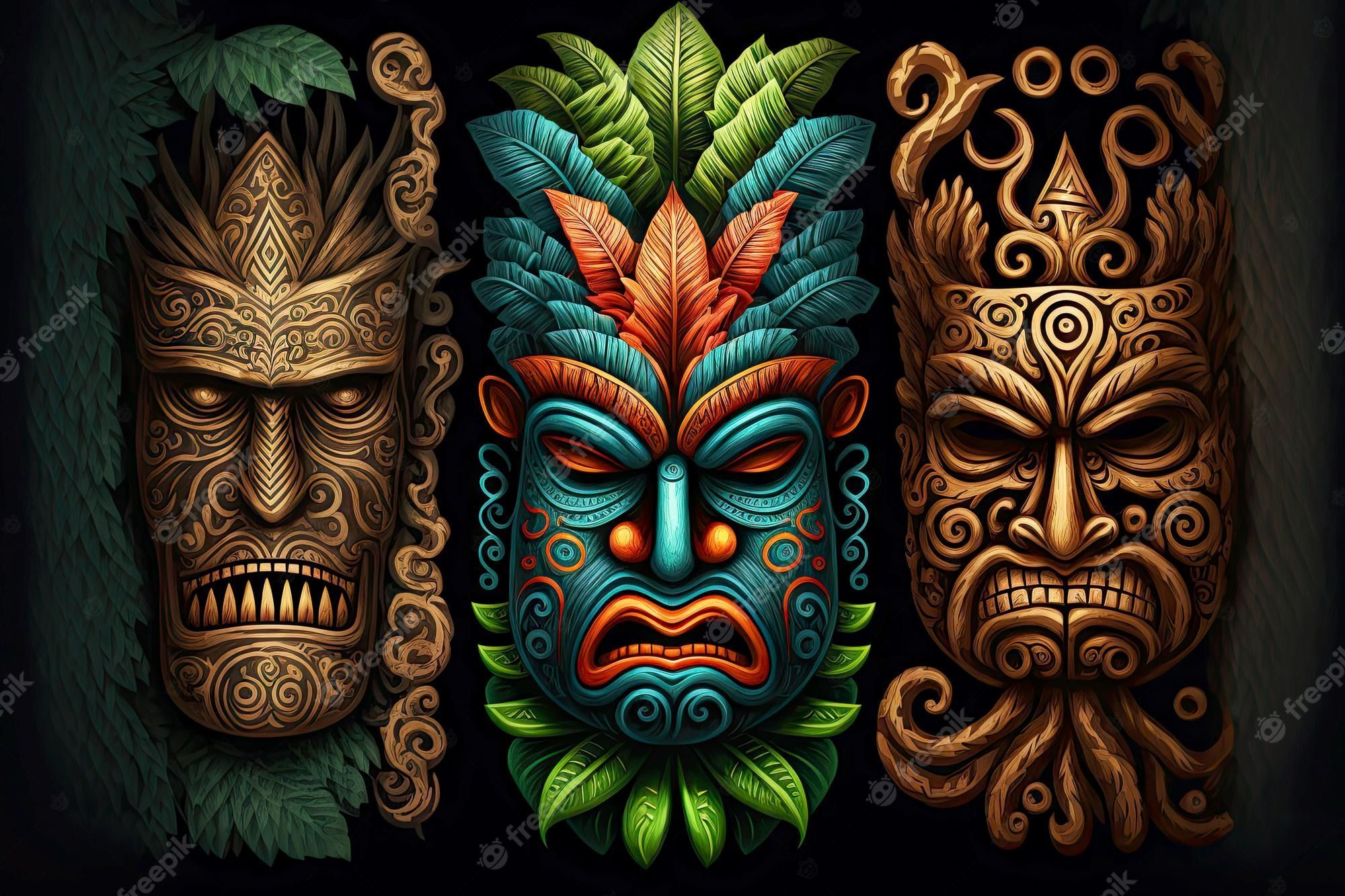 2000x1333 Premium Photo. Traditional tiki mask tropical gods on dark background