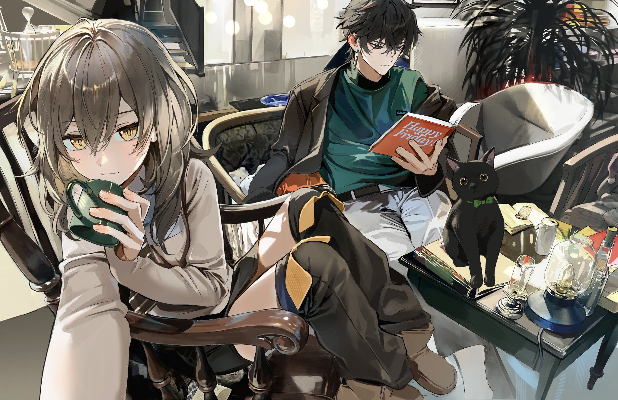 2048x1325 looking at viewer, sitting, anime girls, anime boys, Black Cat, bow tie, chair, animals, cats, Honkai: Star Rail, Stelle(Honkai:Star Rail), Dan Heng(Honkai:Star Rail)x1325 Wallpaper