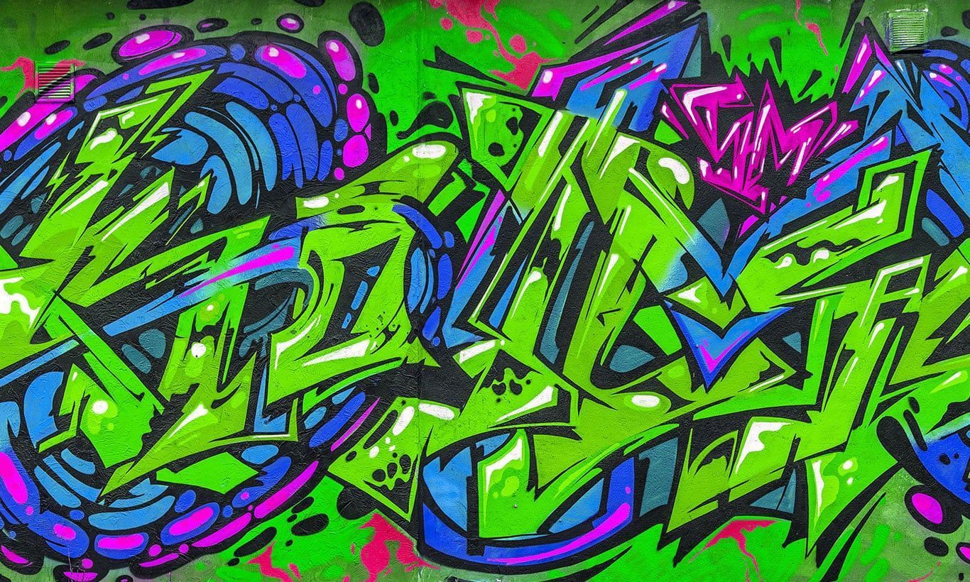 1366x820 Purple and Green Graffiti Wall Wallpaper Mural