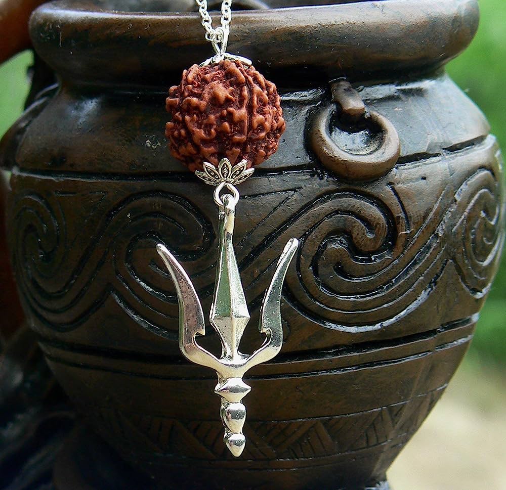 1000x969 Rudraksha Necklace with Lord Shiva Trishula Pendant HANDMADE, Real Original Big 5 Mukhi Mala Seed Bead, Kundalini Yoga Jewelry, Shiv Skakti, Hindu Protection Jewellery for Men Women : Handmade Products