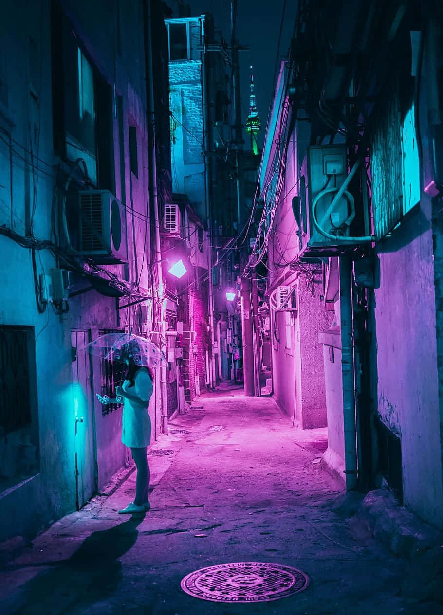 910x1264 Download Portrait Photography Purple Neon Light Sidewalk Wallpaper