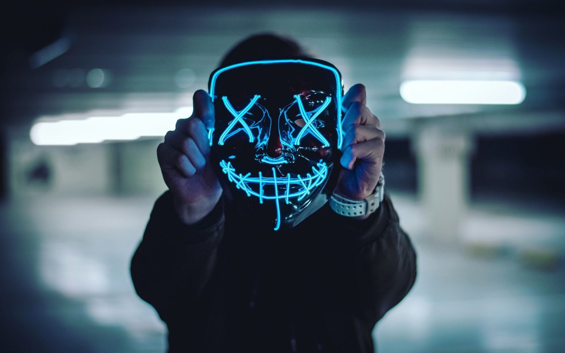 1920x1200 Neon Mask Wallpaper 4K, Blue Lights, Portrait, Anonymous