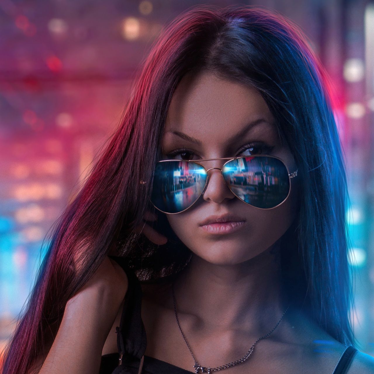 1280x1280 Wallpaper 4k Cool Sunglasses Girl In Neon Lights Of City 4k Wallpaper