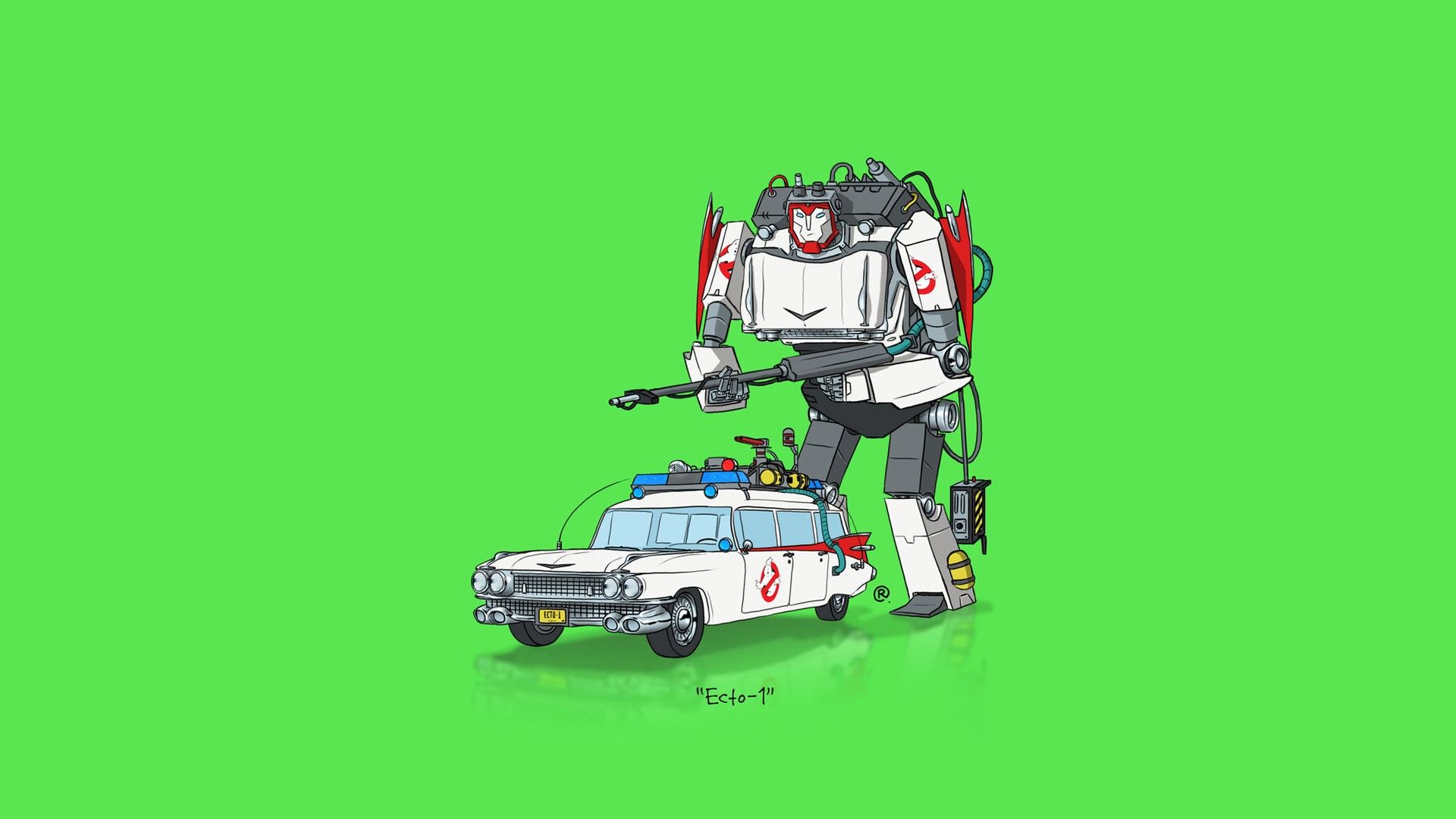 1920x1080 Car, Transformers, Minimalism, Ghostbusters, Crossover, White Cars, Green Background, Movies, Vehicle, Robot, Ecto 1 (Ghostbusters)x1080 Wallpaper