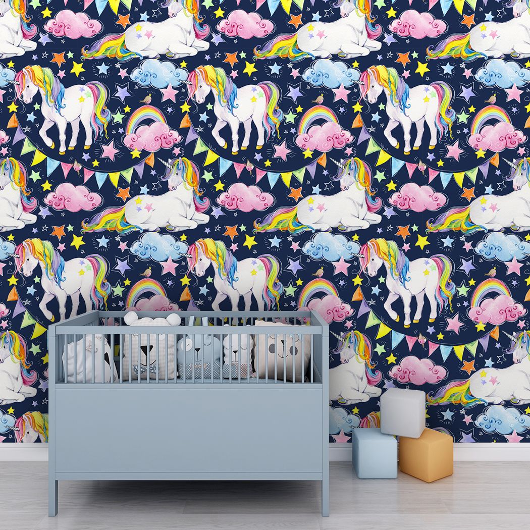 1050x1050 Peel And Stick Wallpaper Cartoon Unicorn Rainbow Pink Blue Cloud Self Adhesive Wallpaper For Boy Kids Bedroom Decoration Mural