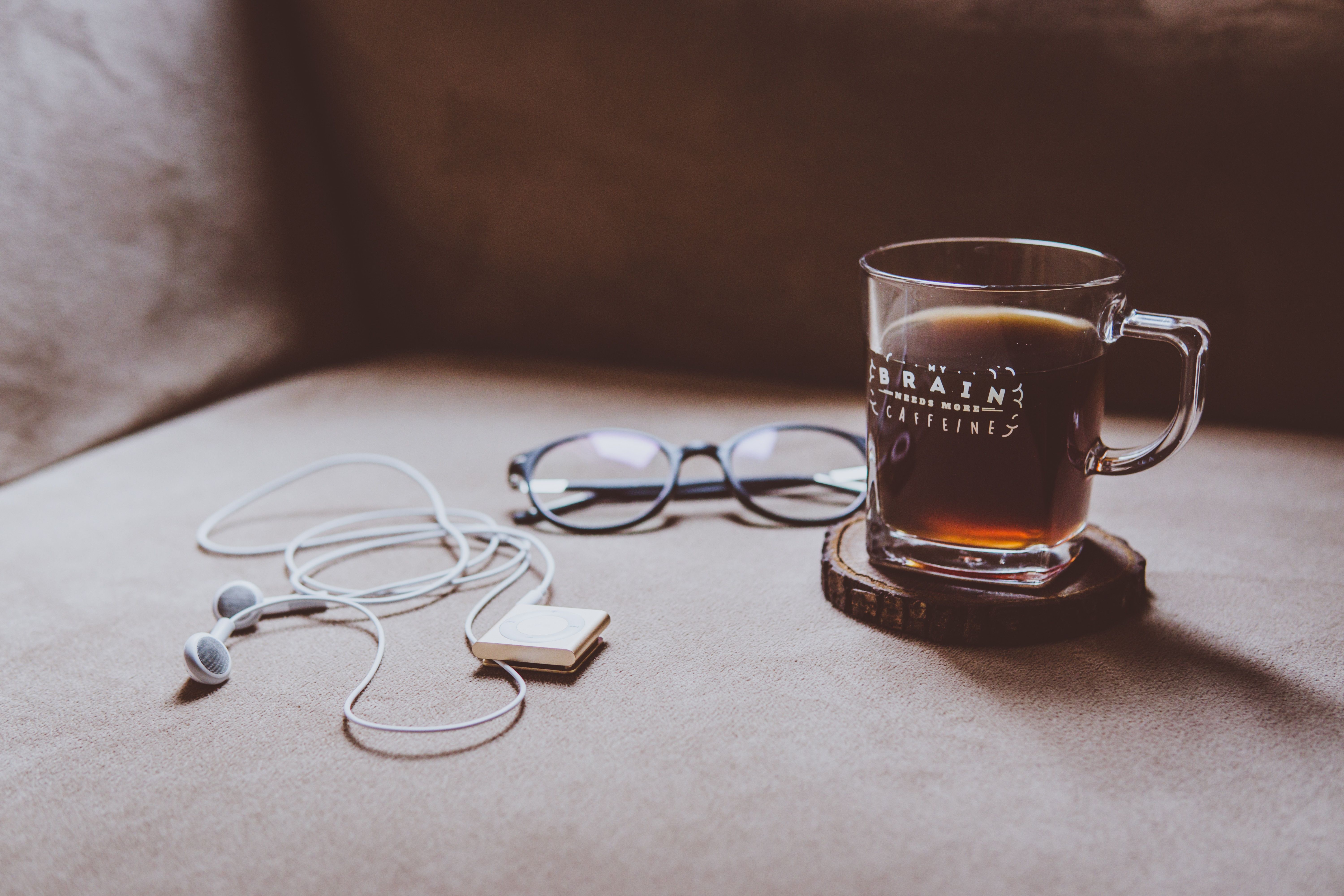 6000x4000 6000x4000 good, music, headphone, coffee, ipod, coaster, earbud, spectacles, mug, drink, ipod shuffle, earphone, cup, caffeine, glass, hot, Creative Commons image, beverage, relax, time, glasses Gallery HD Wallpaper