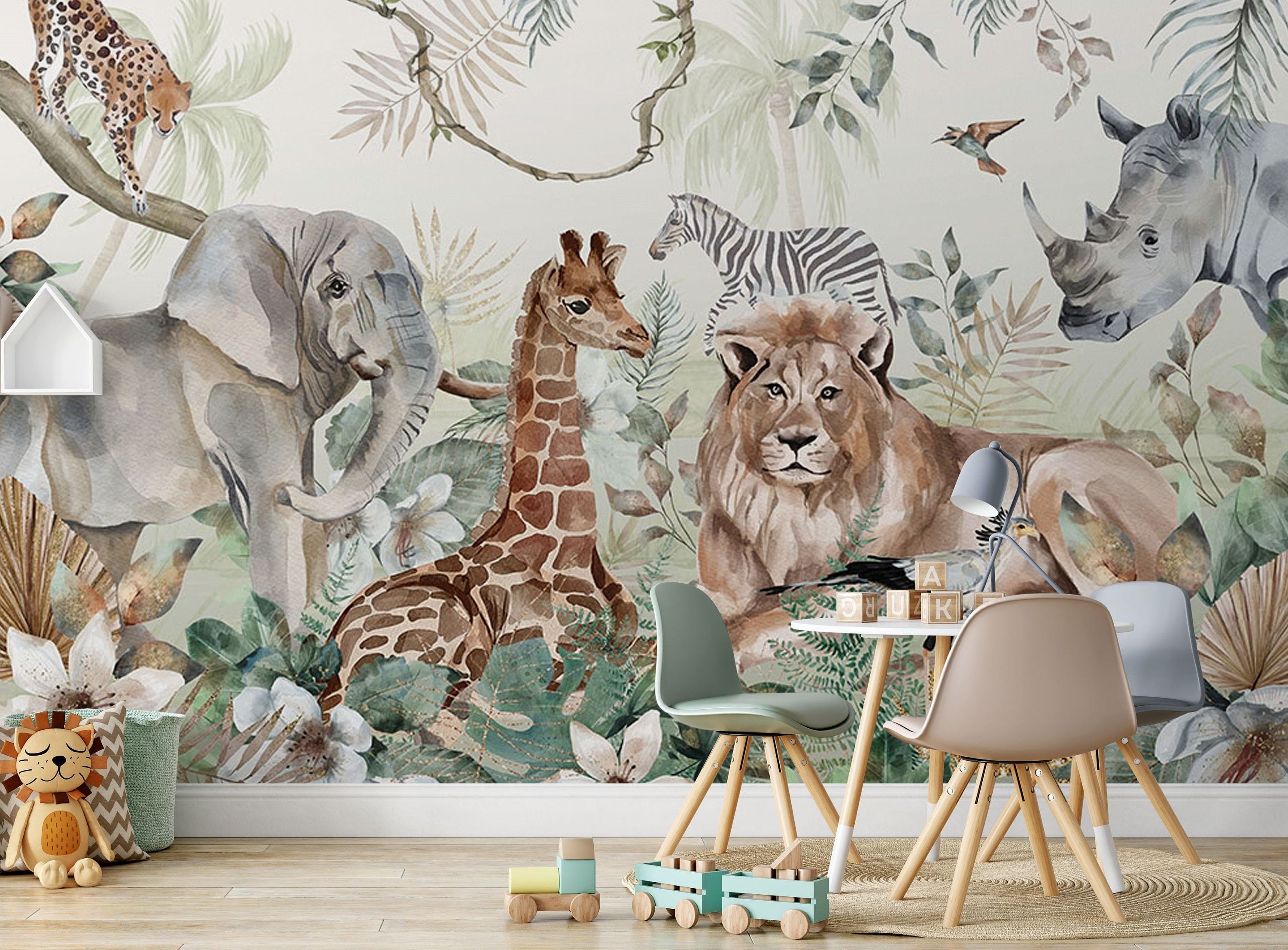 3000x2214 SAFARI Wallpaper for Children With Animals / Wall Mural / Lion