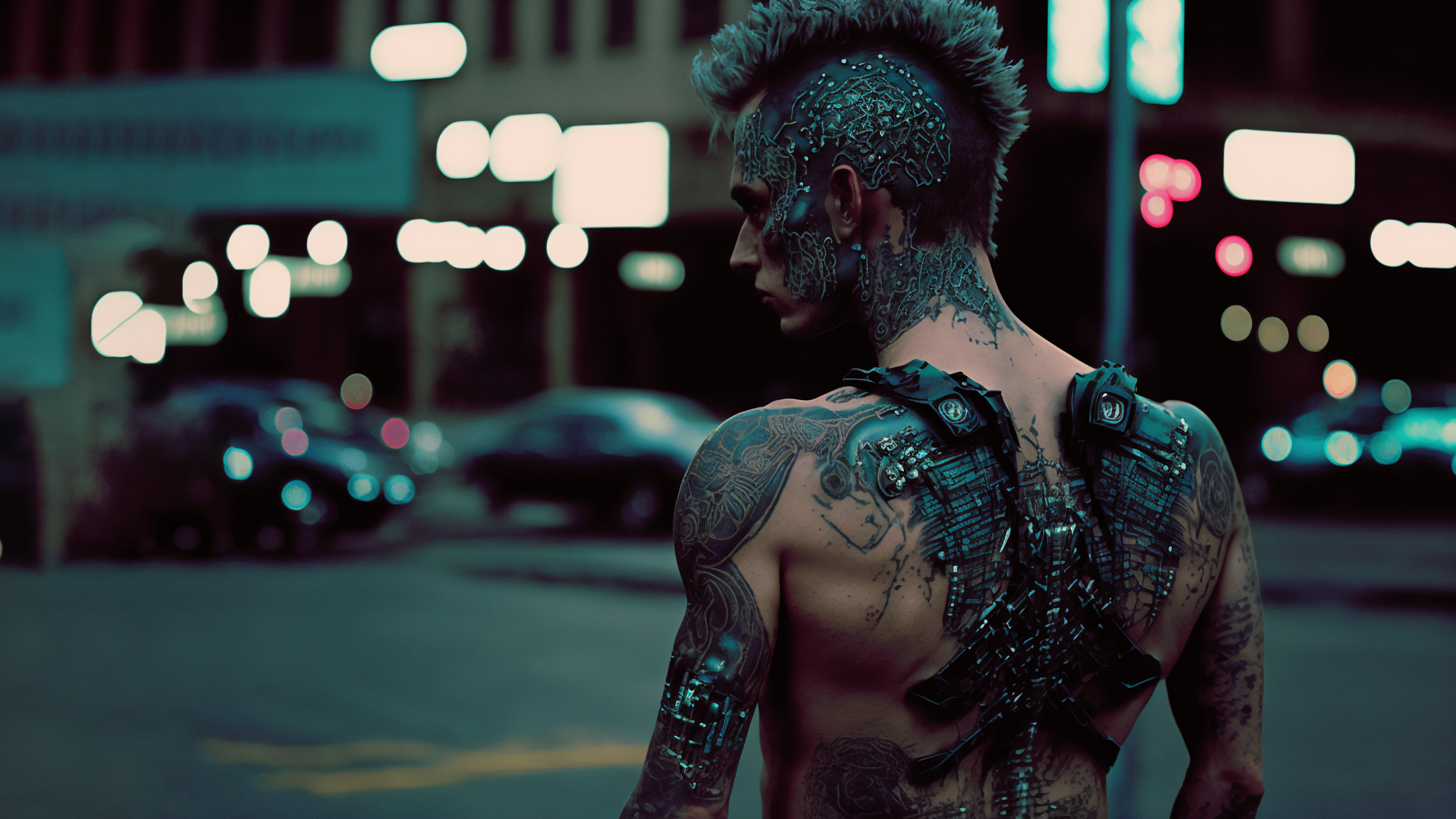 3641x2048 mohawk, cyberpunk, street, cyborg, tattoo, futuristicx2048 Wallpaper