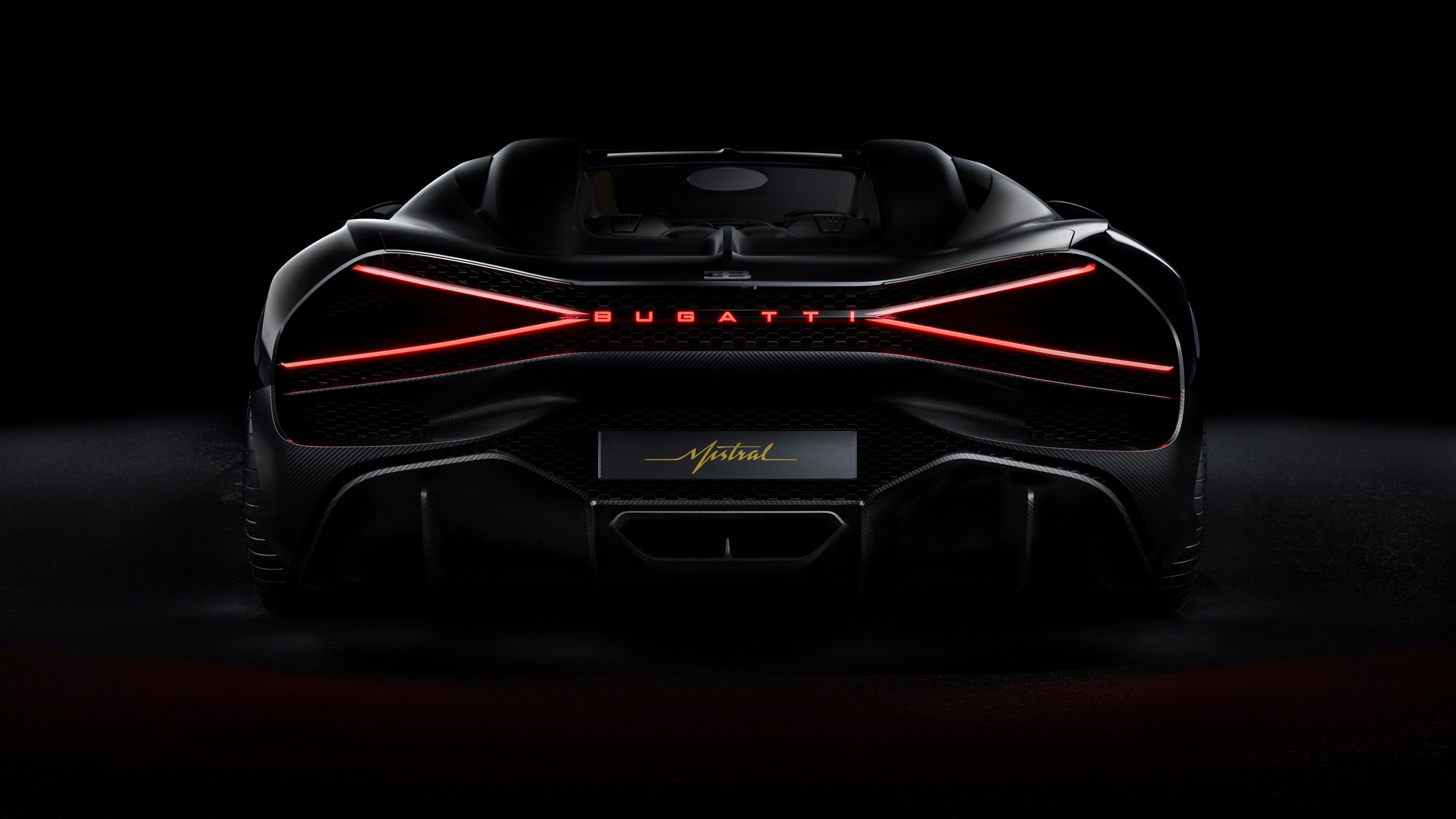 3840x2160 Bugatti W16 Mistral Bugatti Sports Car Black Cars Car Dark Background Lights Wallpaper:3840x2160