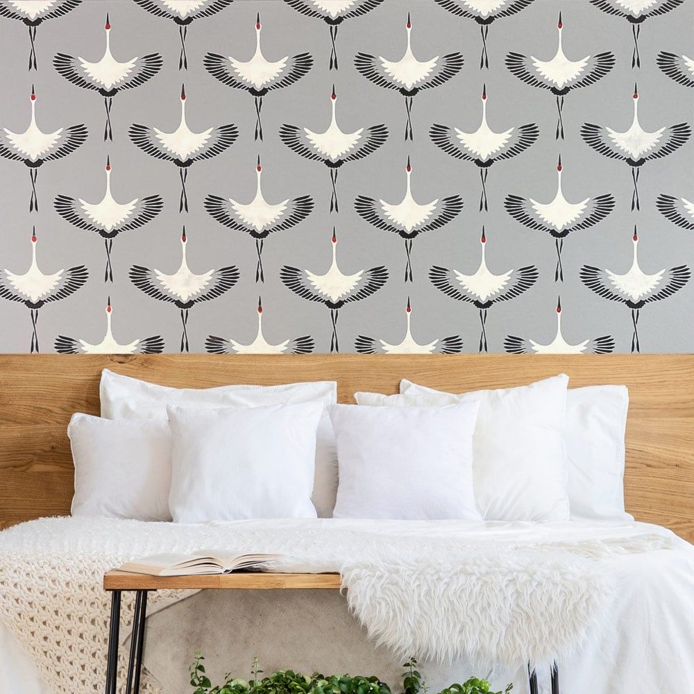 1000x1000 Flying cranes stencil for wall painting. Chinoiserie stencils instead of wallpaper