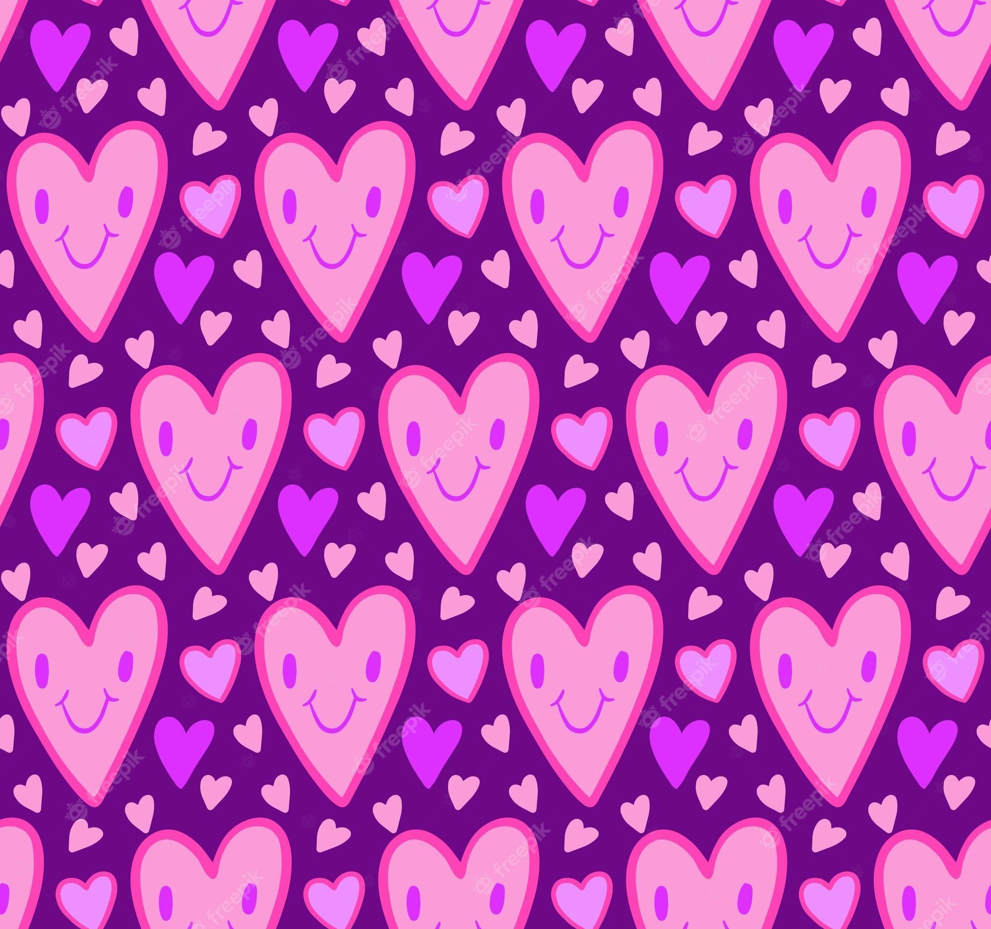 2000x1875 Premium Vector. Cute y2k seamless pattern background with hearts with smile face on purple background