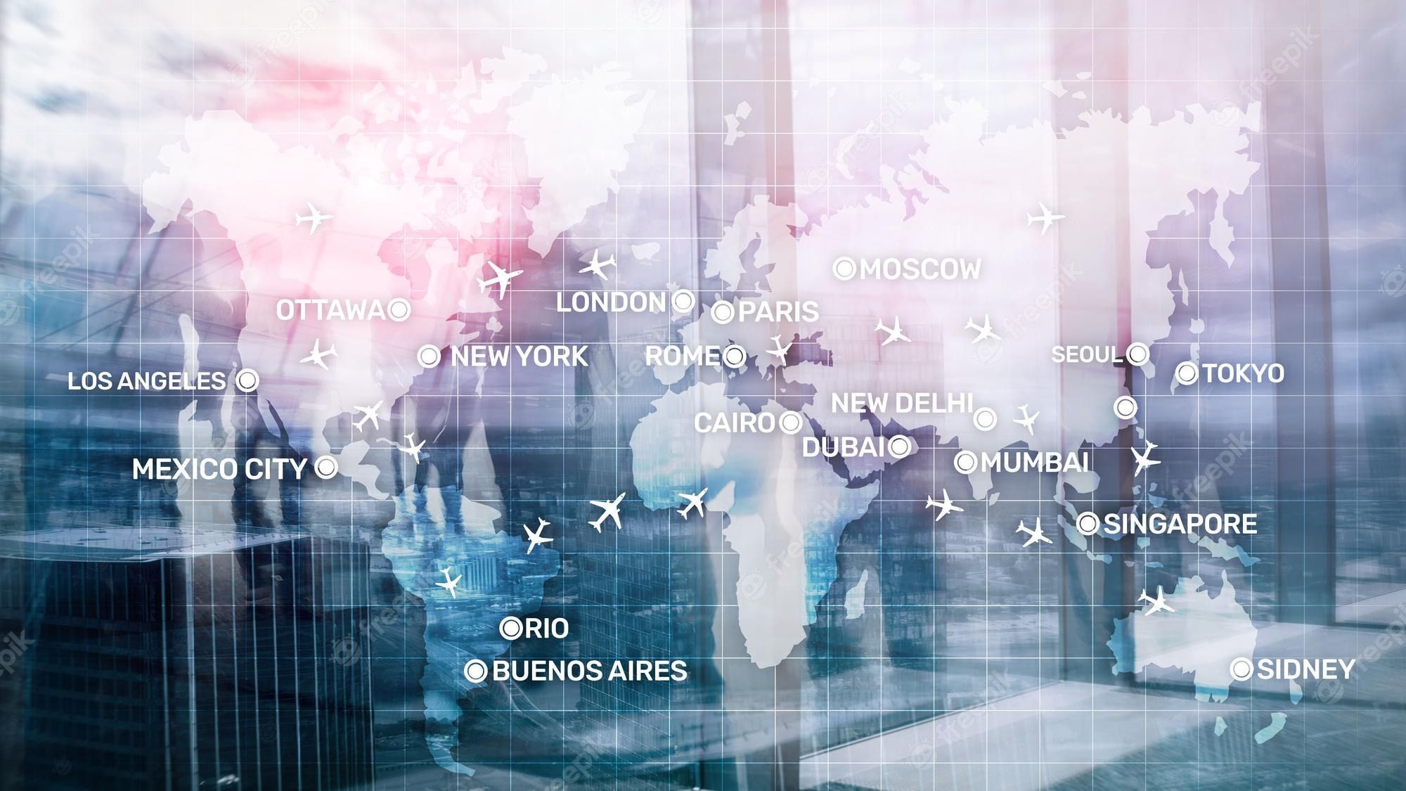 2000x1125 Premium Photo. Global aviation abstract background with planes and city names on a map business travel transportation concept