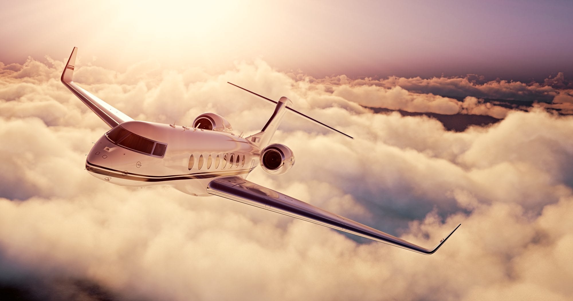 2000x1053 Realistic picture of White Luxury generic design private airplane flying over the earth at sunset. Empty blue sky with huge white clouds background. Business Travel Concept. Horizontal. 3D rendering