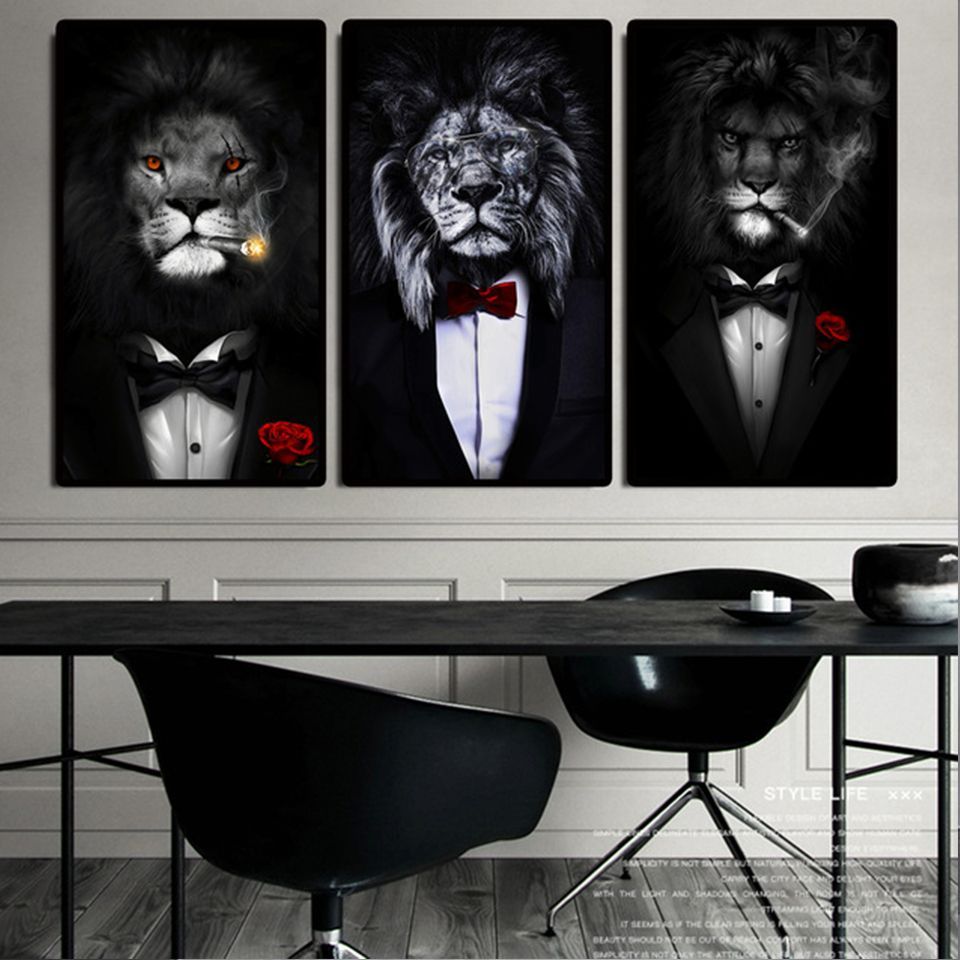 960x960 Modern Funny Smoking Lion Posters Nordic Black White Animals Canvas Painting Wall Art Printed Picture Cuadros Living Room Decor & Calligraphy