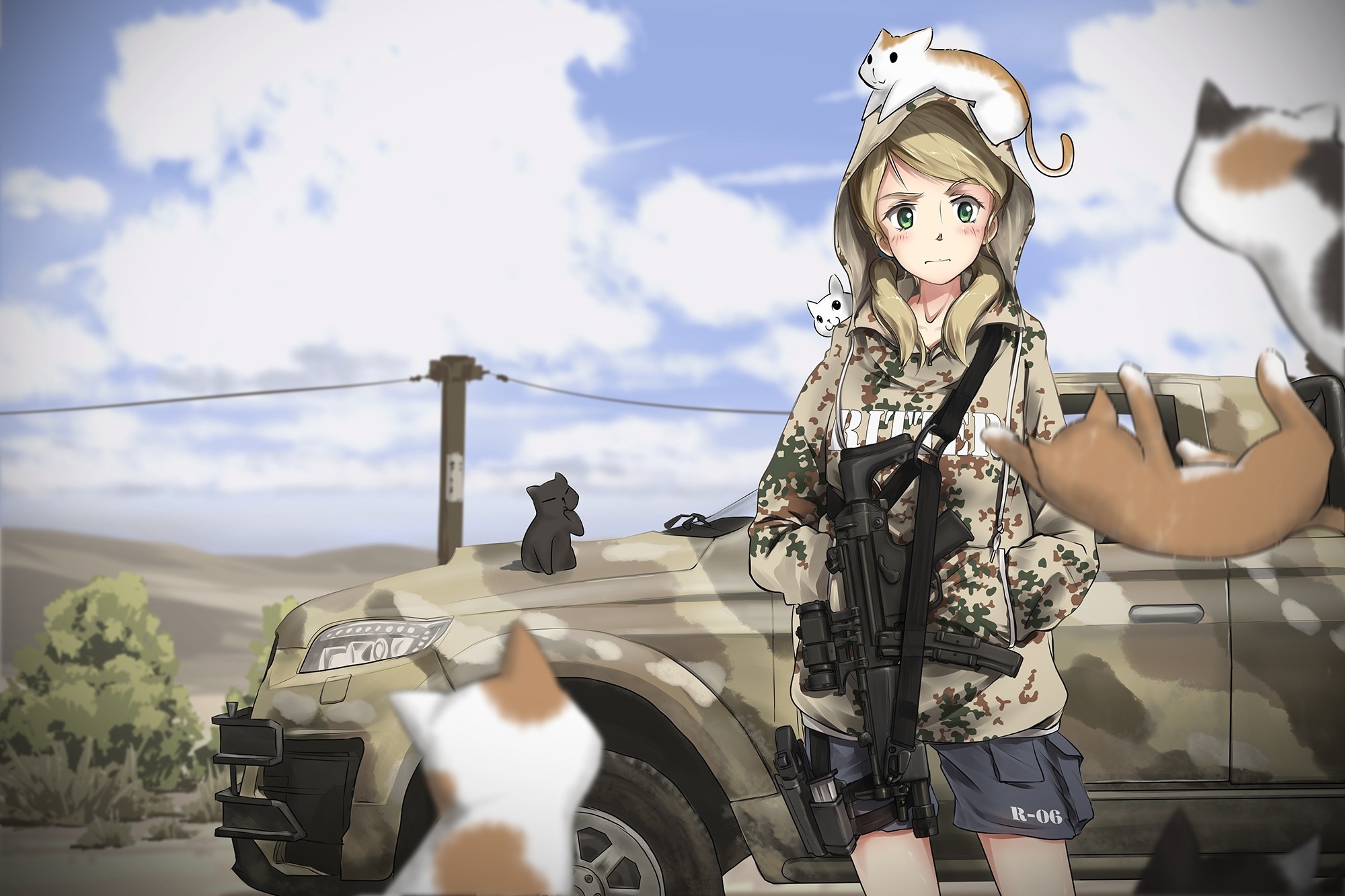 2000x1333 cat, anime girls, car, vehicle, soldier, Turkish Armed Forces, Sub machine gun, Toyota, military, army, troop Gallery HD Wallpaper